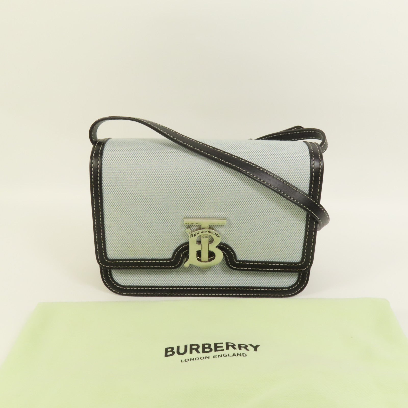 BURBERRY 牛皮皮革/帆布Shoulder Bag銀扣肩背袋