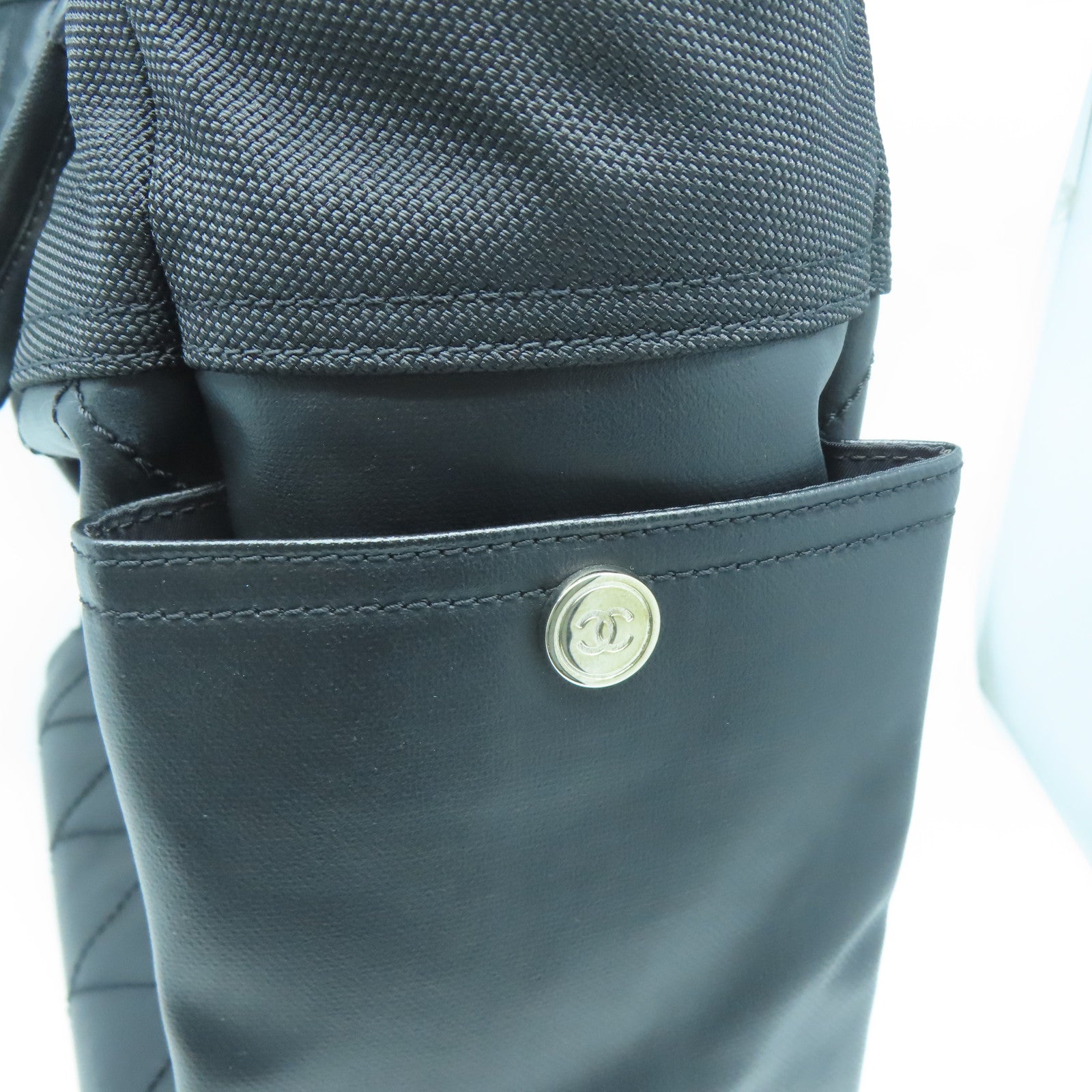 CHANEL 菱格牛皮皮革/帆布Tote Bag銀扣肩背袋黑色
