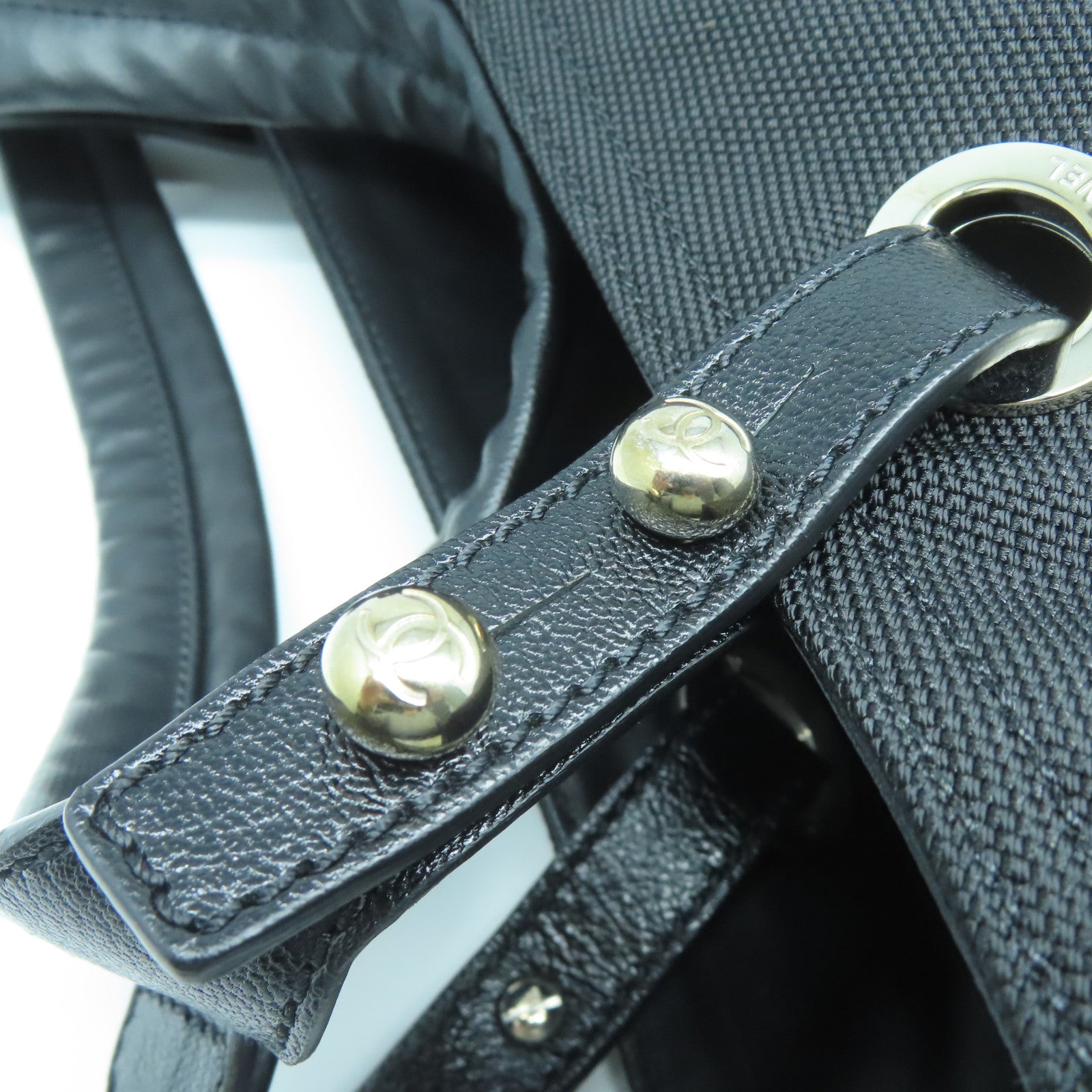 CHANEL 菱格牛皮皮革/帆布Tote Bag銀扣肩背袋黑色