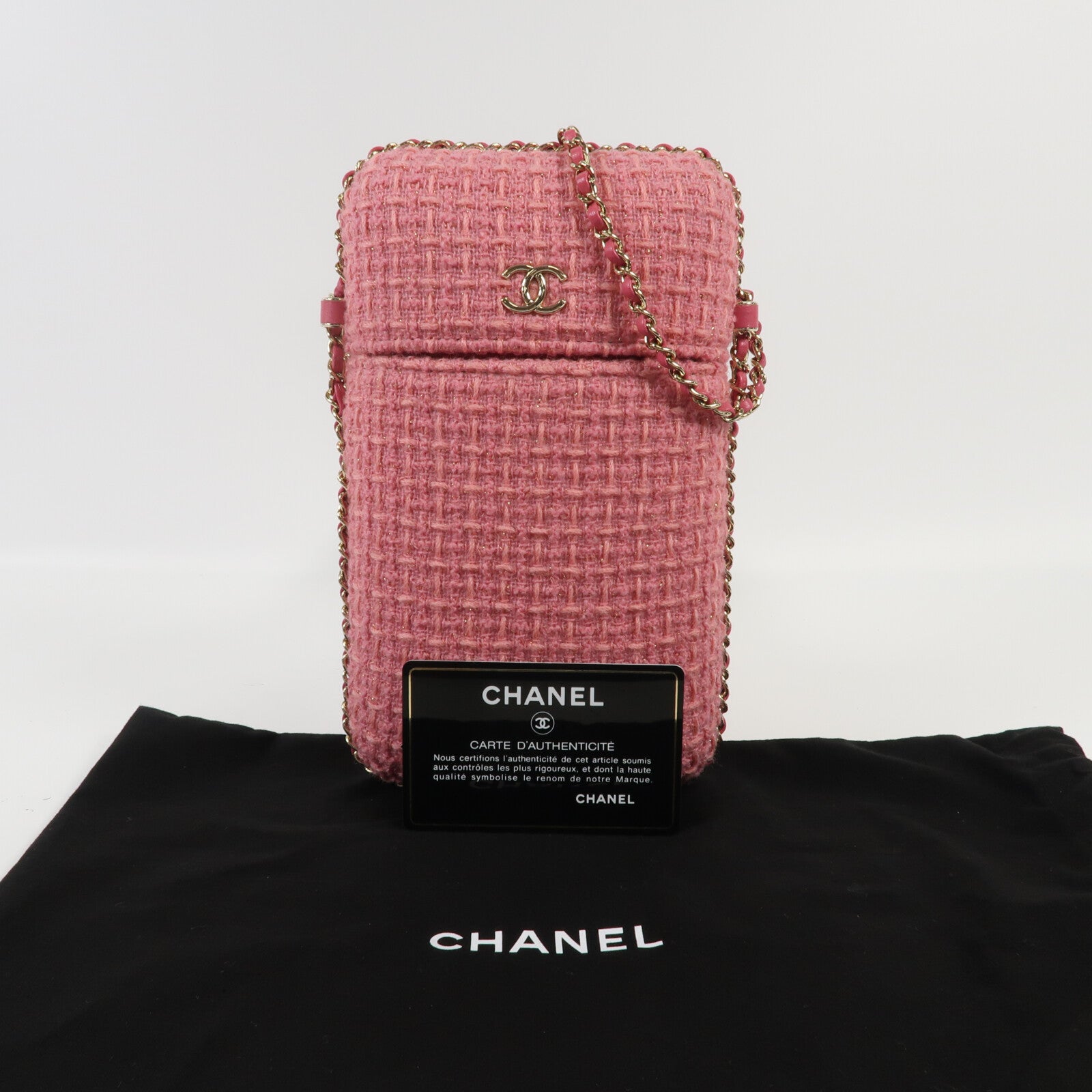 CHANEL 斜紋軟呢Phone Bag金扣鏈帶肩背袋