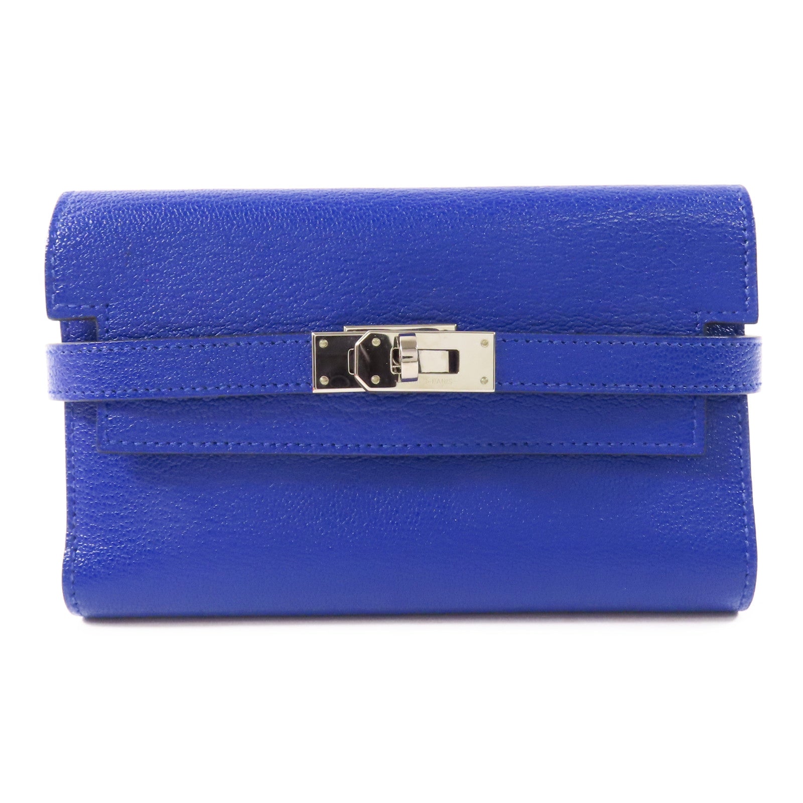 HERMES 【激減優惠】Chevre皮革Kelly Short Wallet銀扣錢包7T Bleu Electrique/電子藍