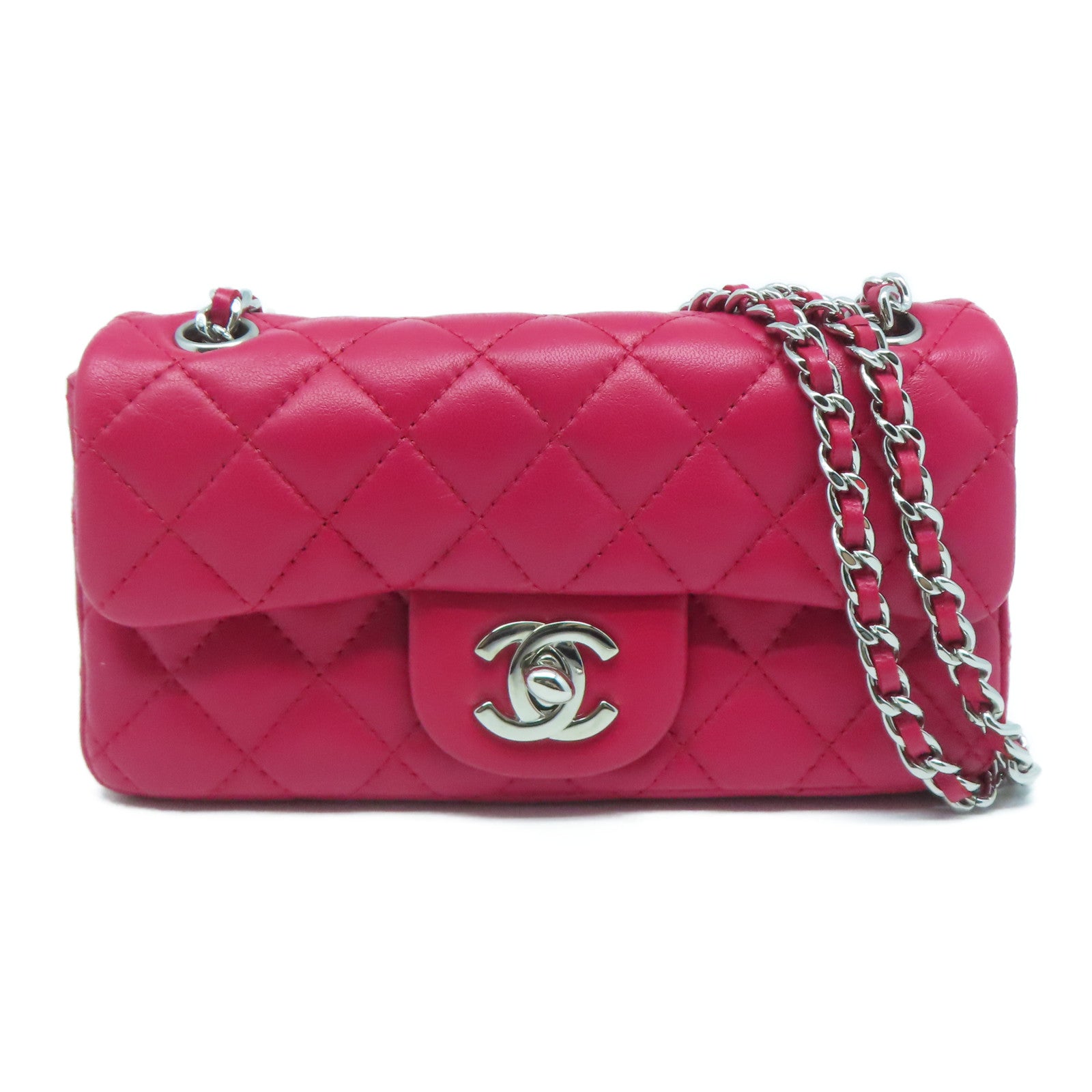 CHANEL 【激減優惠】菱格羊皮皮革Chain Shoulder Bag銀扣鏈帶肩背袋桃紅色