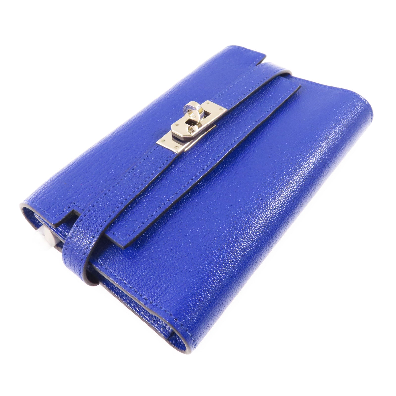 HERMES 【激減優惠】Chevre皮革Kelly Short Wallet銀扣錢包7T Bleu Electrique/電子藍
