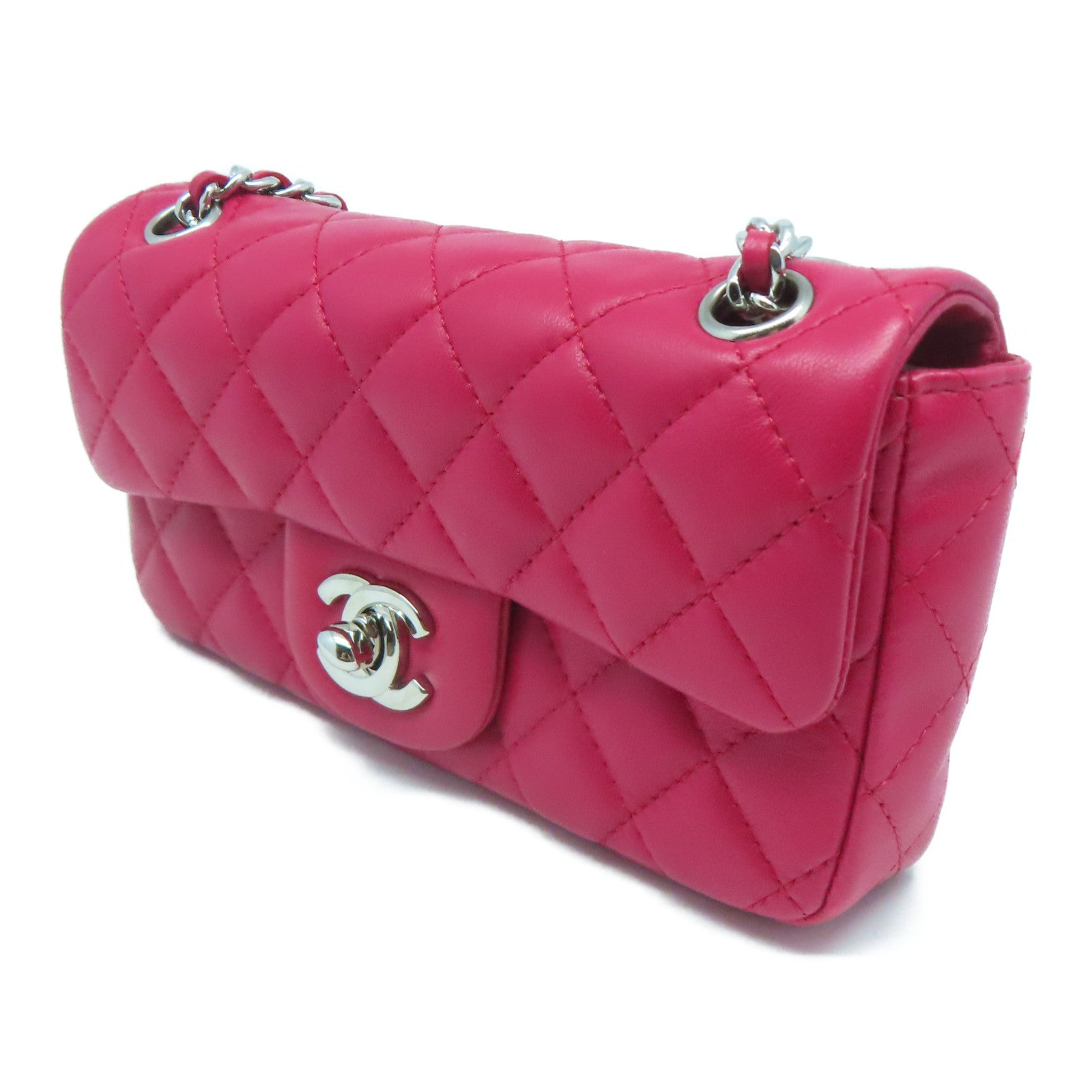 CHANEL 【激減優惠】菱格羊皮皮革Chain Shoulder Bag銀扣鏈帶肩背袋桃紅色