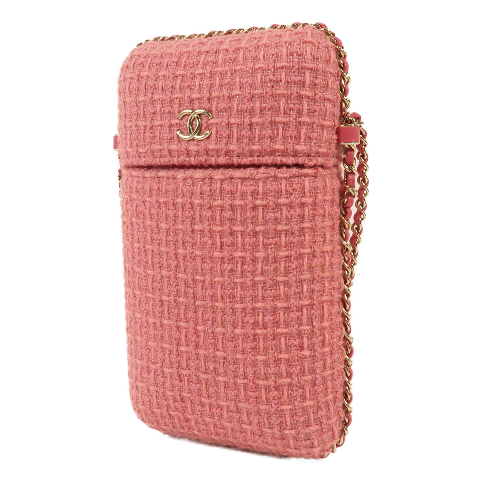 CHANEL 斜紋軟呢Phone Bag金扣鏈帶肩背袋