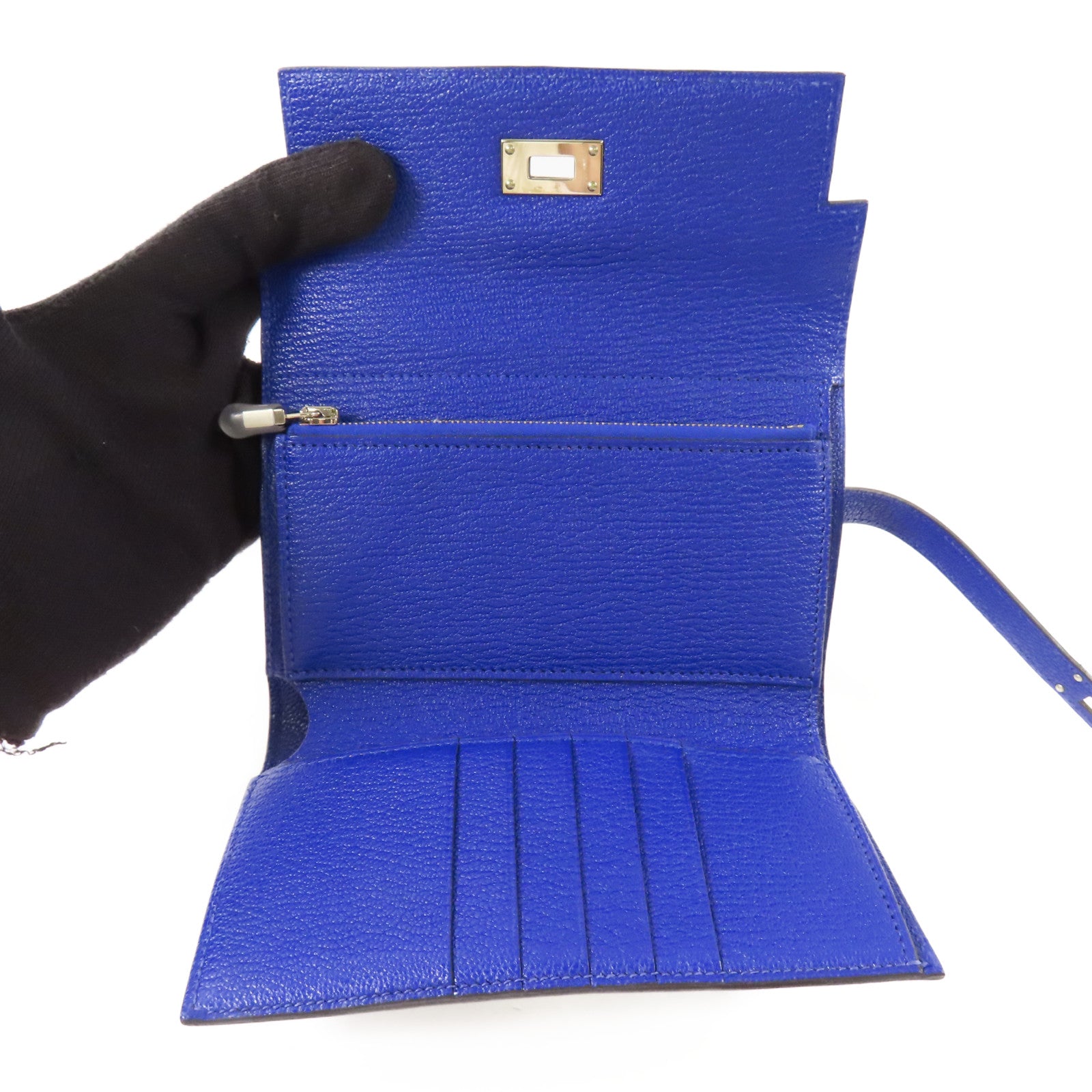 HERMES 【激減優惠】Chevre皮革Kelly Short Wallet銀扣錢包7T Bleu Electrique/電子藍