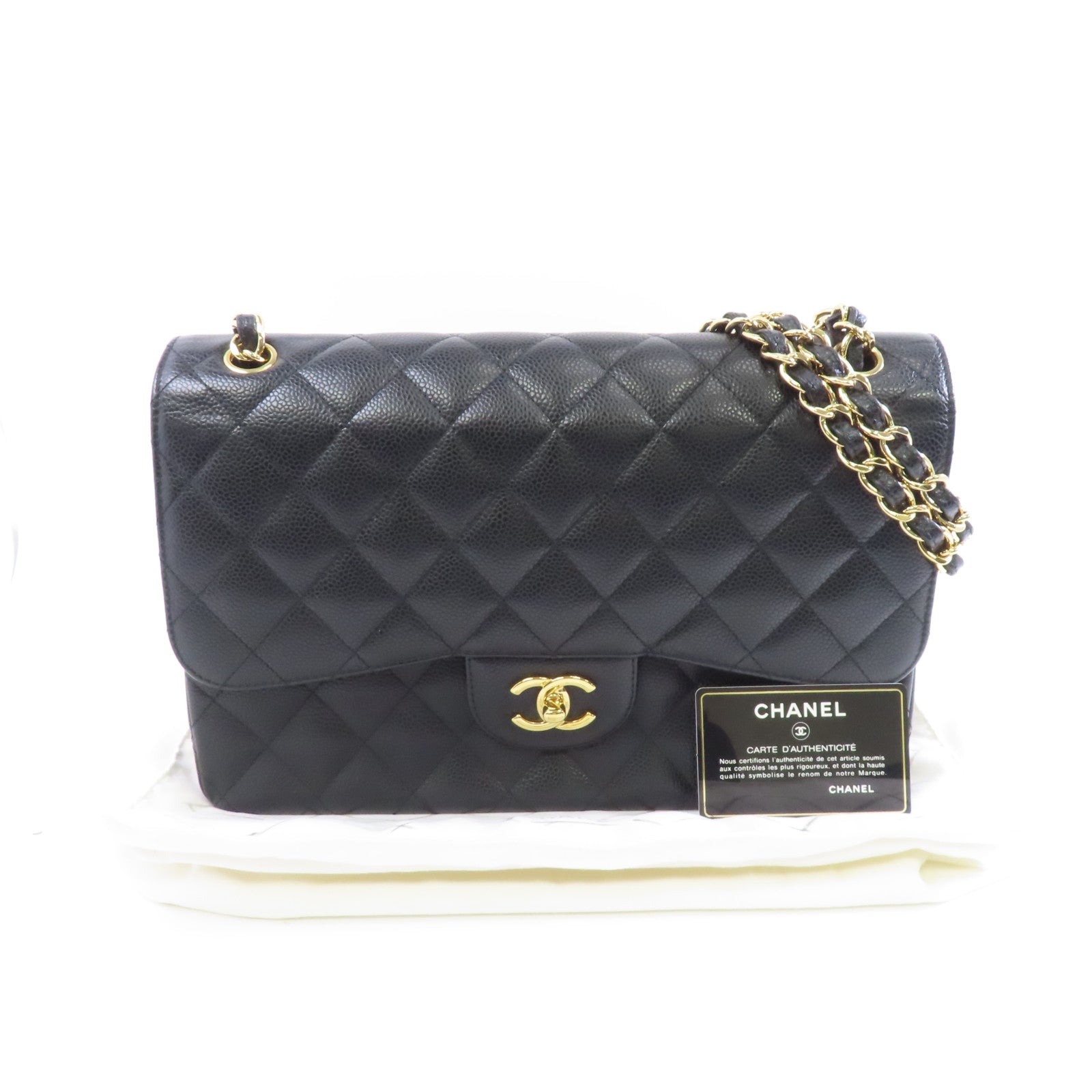 CHANEL 菱格Caviar皮革Classic Jumbo金扣鏈帶肩背袋黑色