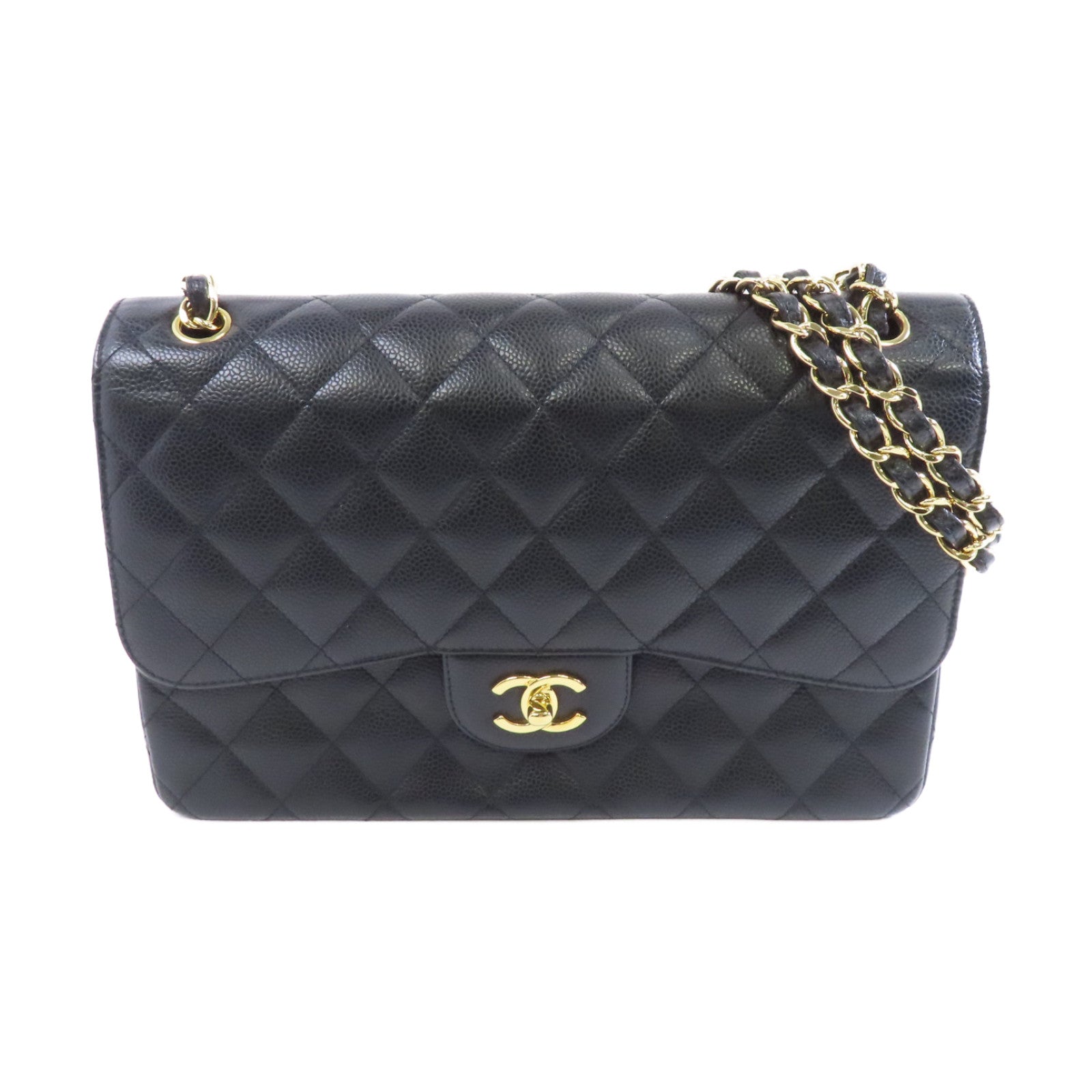 CHANEL 菱格Caviar皮革Classic Jumbo金扣鏈帶肩背袋黑色