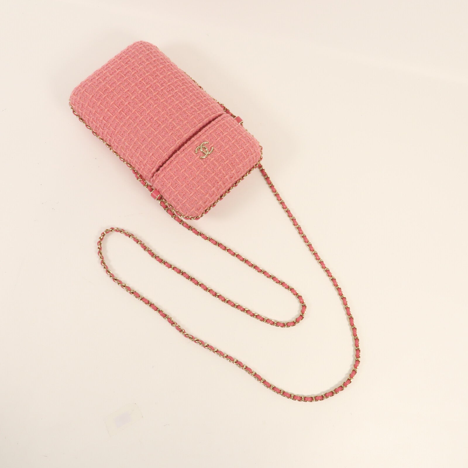 CHANEL 斜紋軟呢Phone Bag金扣鏈帶肩背袋