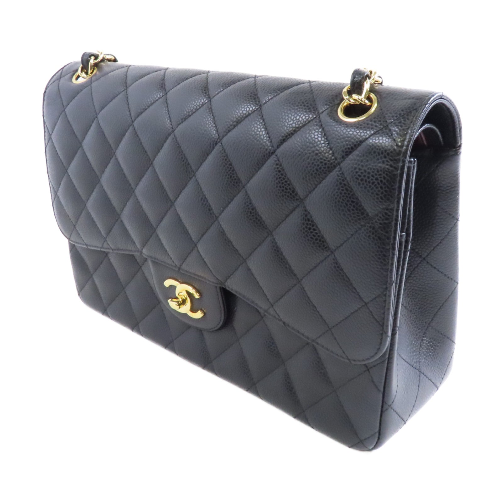 CHANEL 菱格Caviar皮革Classic Jumbo金扣鏈帶肩背袋黑色