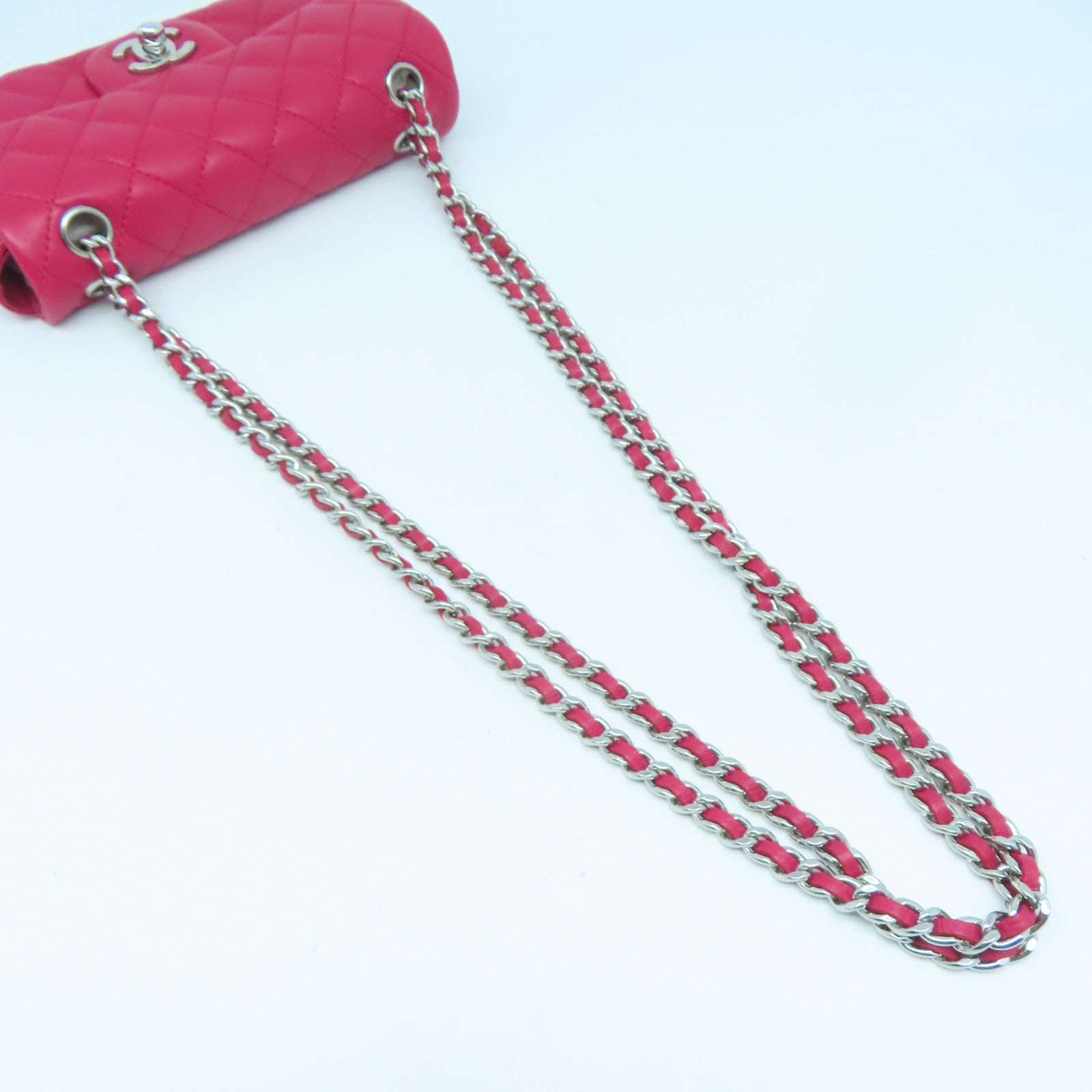 CHANEL 【激減優惠】菱格羊皮皮革Chain Shoulder Bag銀扣鏈帶肩背袋桃紅色