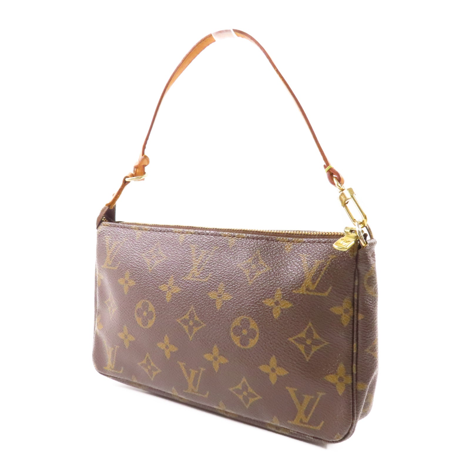 LOUIS VUITTON Monogram Pochette Accessoires金扣手挽袋棕色