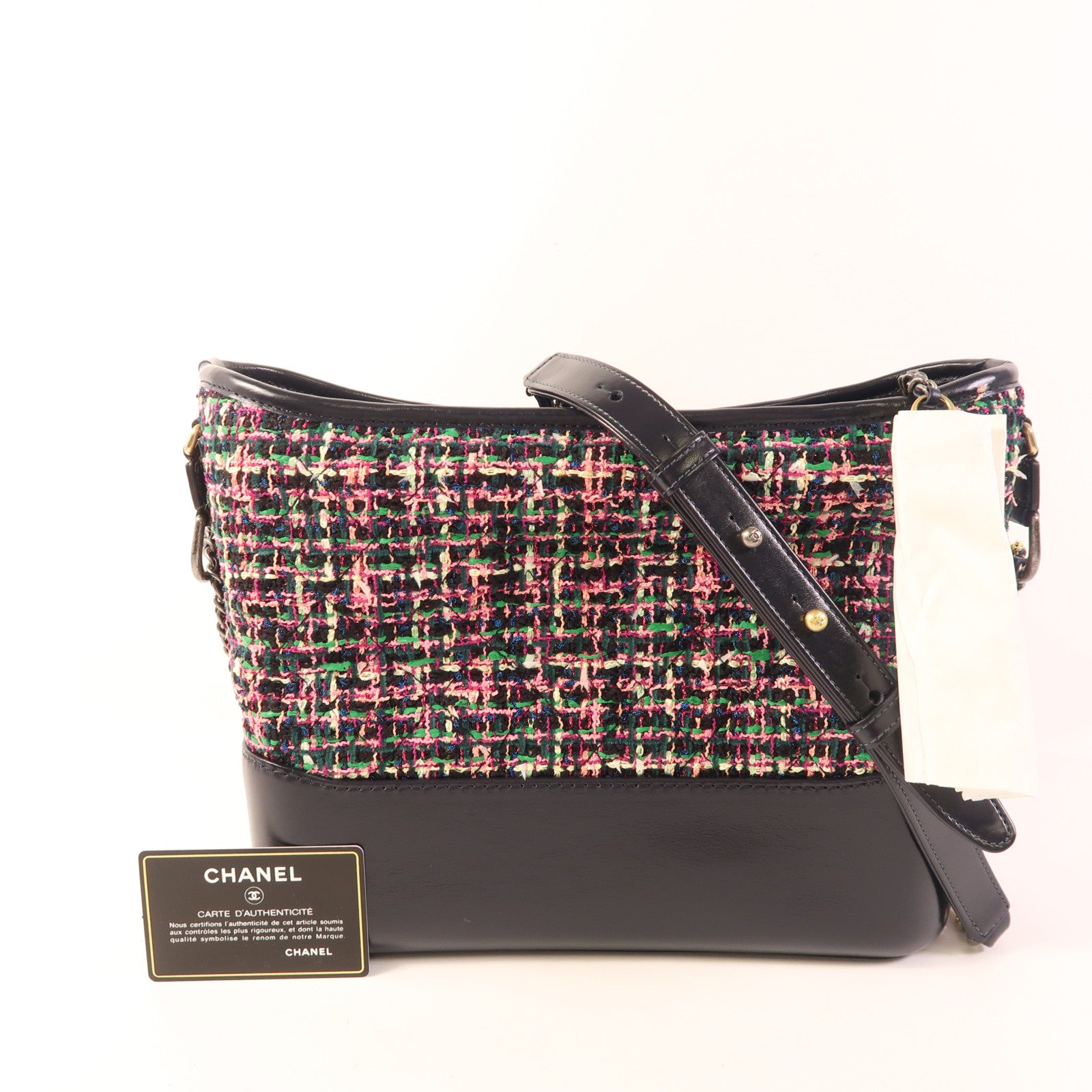 CHANEL CC Gabrielle Medium Chain Shoulder Bag Leather/Tweed Black/Pink/Green