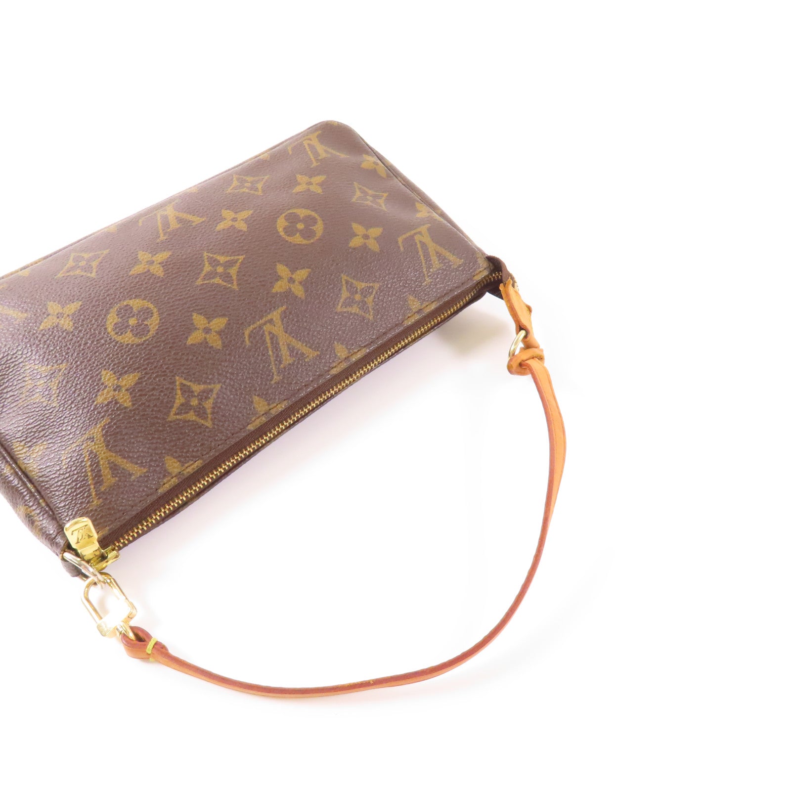 LOUIS VUITTON Monogram Pochette Accessoires金扣手挽袋棕色