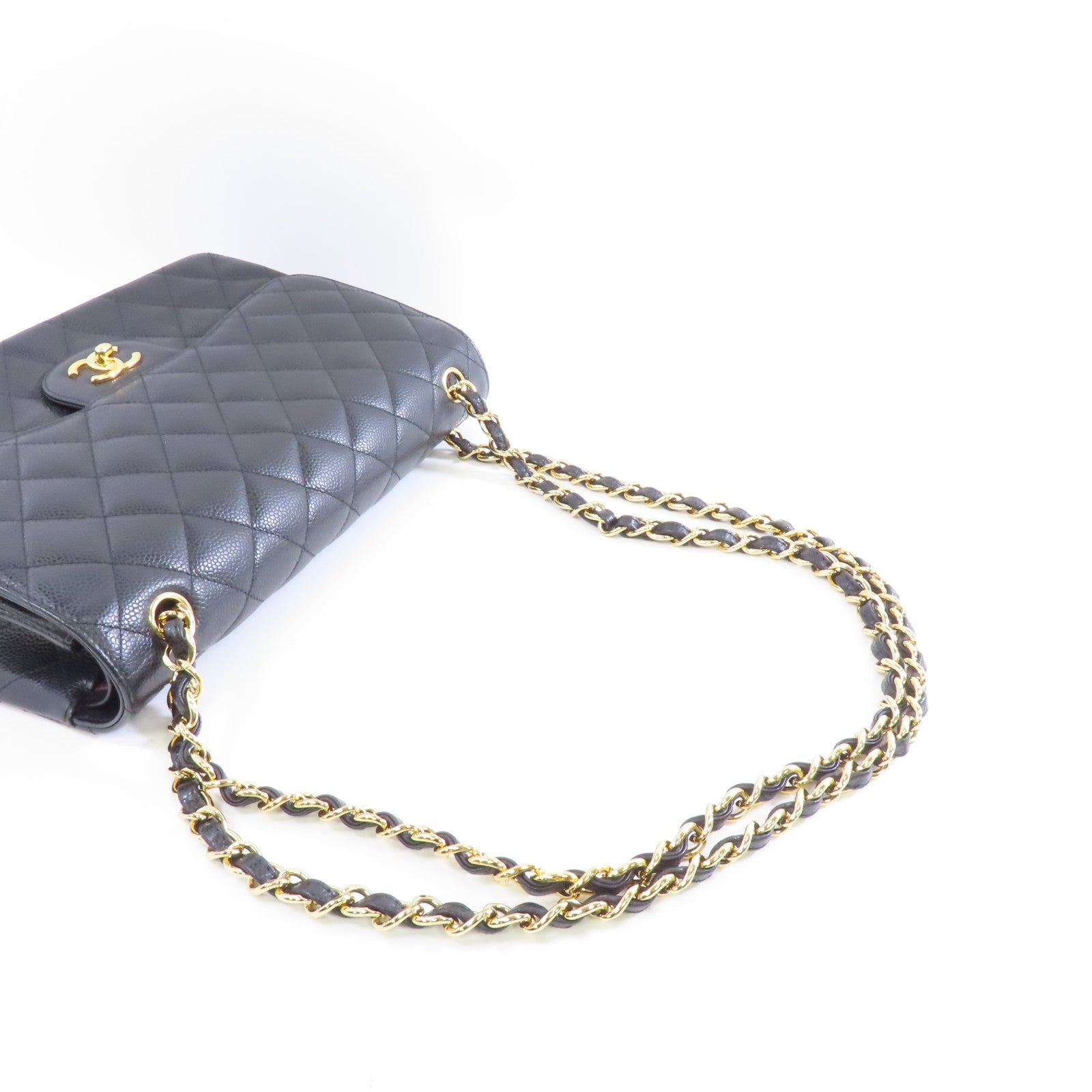 CHANEL 菱格Caviar皮革Classic Jumbo金扣鏈帶肩背袋黑色
