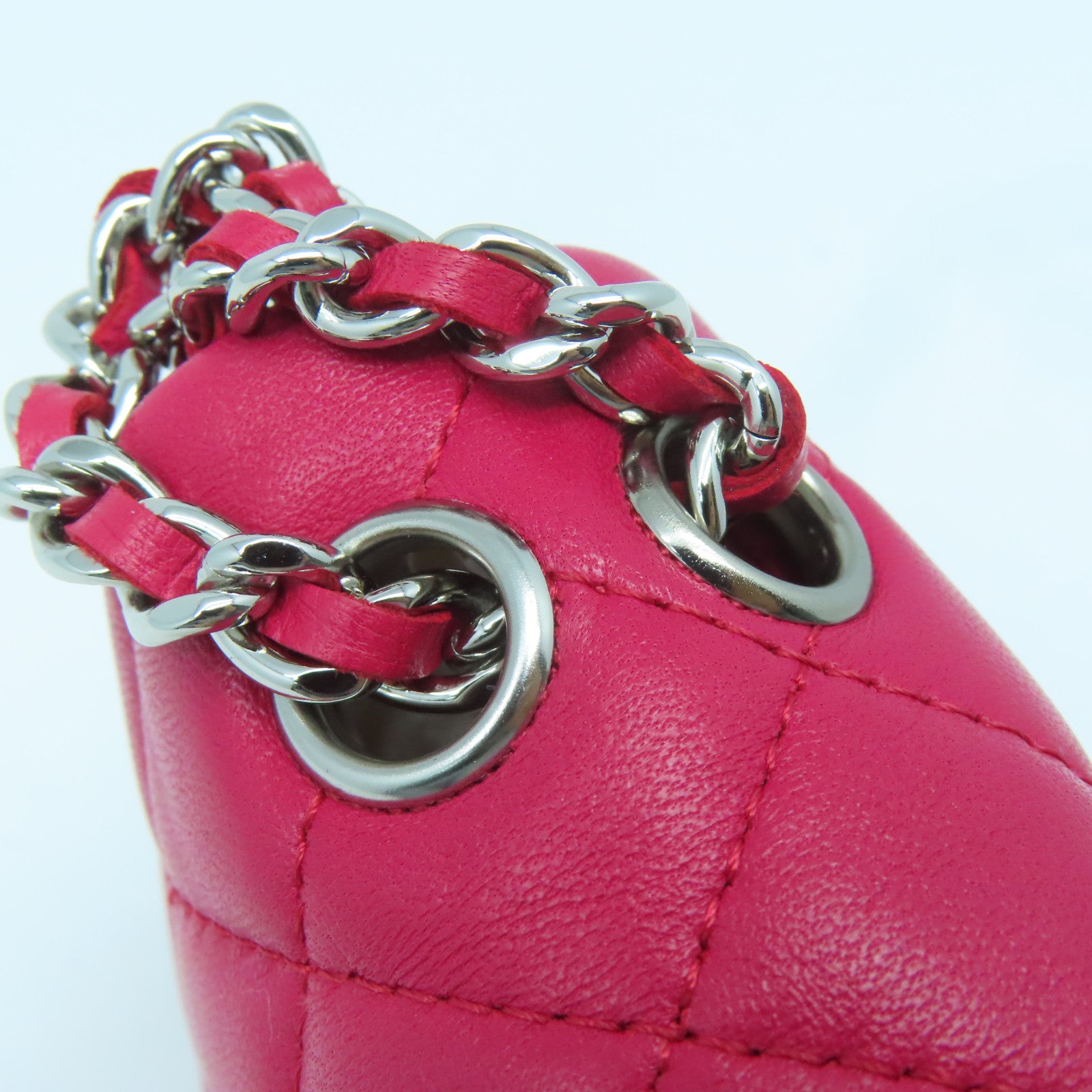 CHANEL 【激減優惠】菱格羊皮皮革Chain Shoulder Bag銀扣鏈帶肩背袋桃紅色