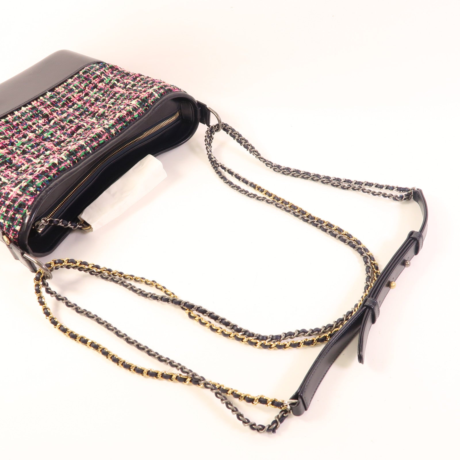 CHANEL CC Gabrielle Medium Chain Shoulder Bag Leather/Tweed Black/Pink/Green