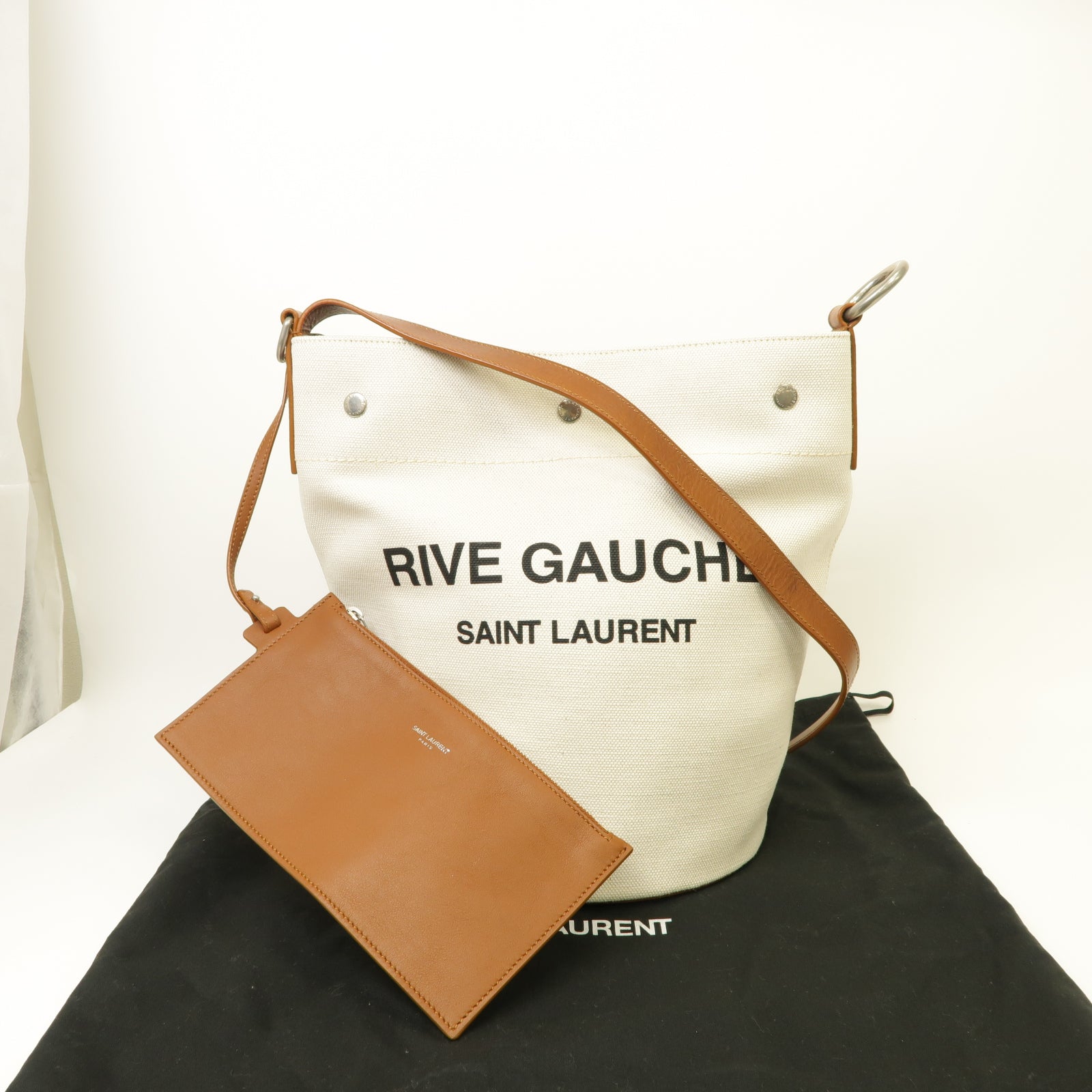 SAINT LAURENT 【激減優惠】帆布/牛皮皮革Sac Seau Rive銀扣肩背袋白色/啡色