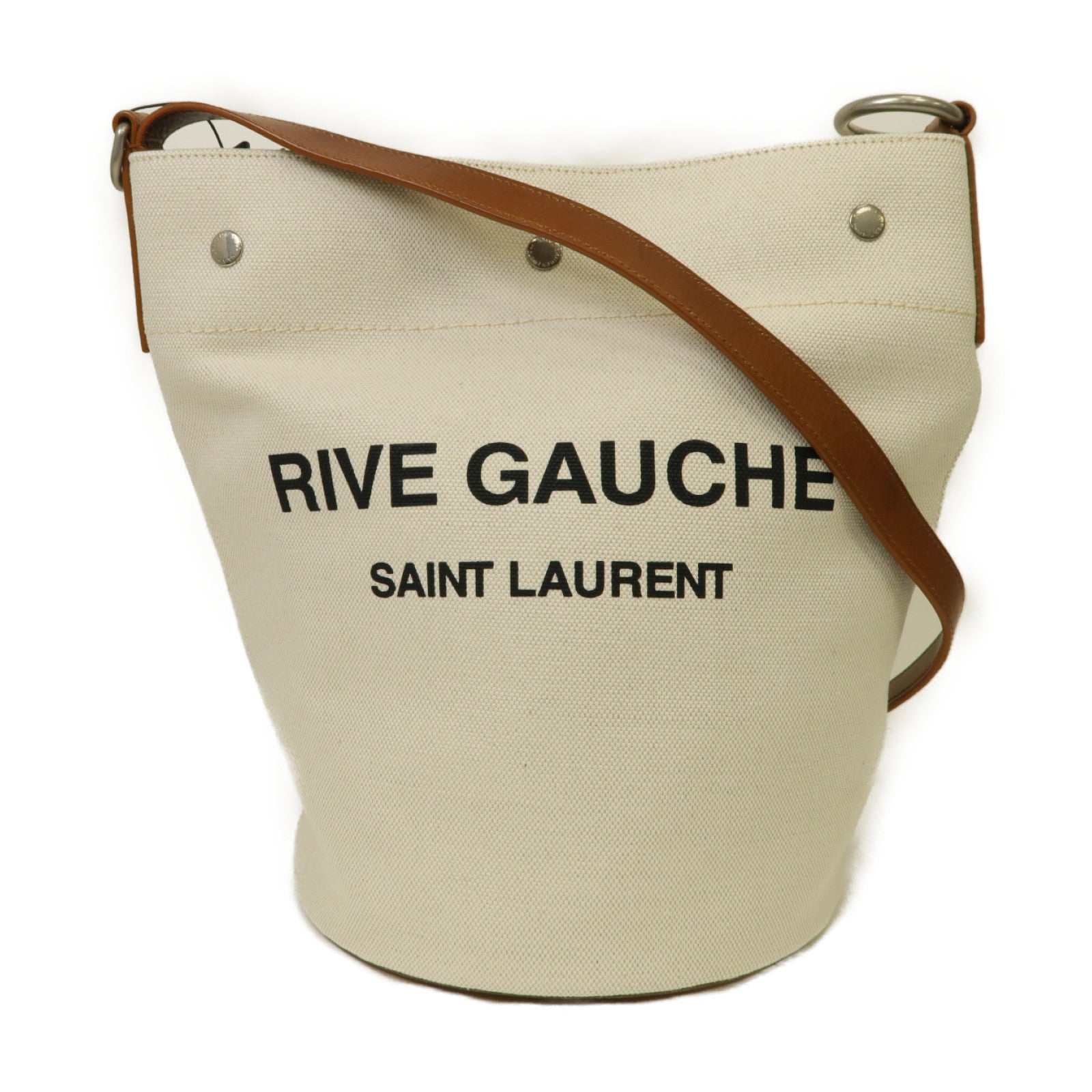 SAINT LAURENT 【激減優惠】帆布/牛皮皮革Sac Seau Rive銀扣肩背袋白色/啡色