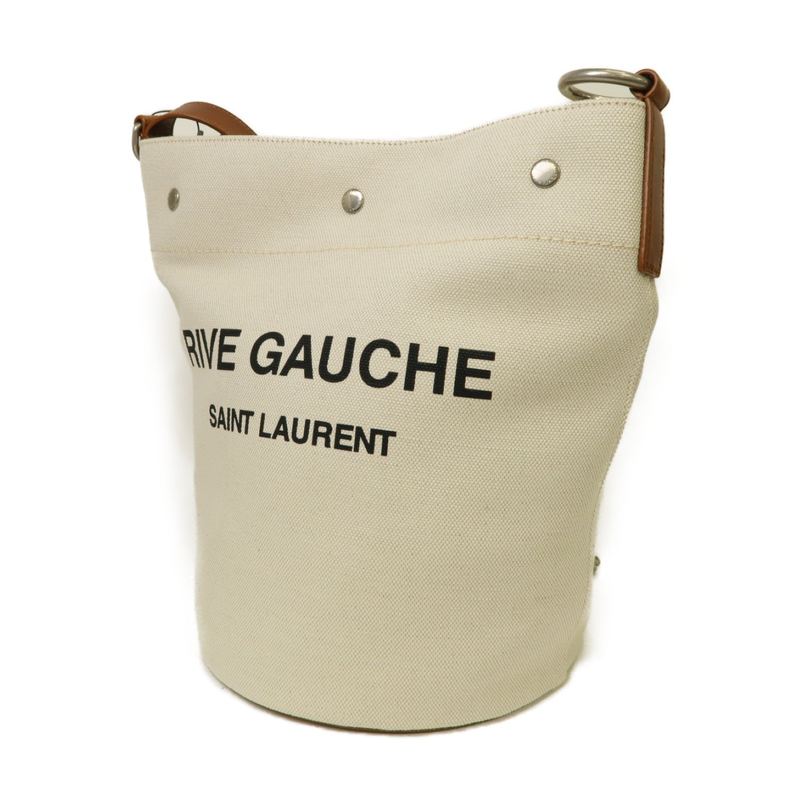 SAINT LAURENT 【激減優惠】帆布/牛皮皮革Sac Seau Rive銀扣肩背袋白色/啡色