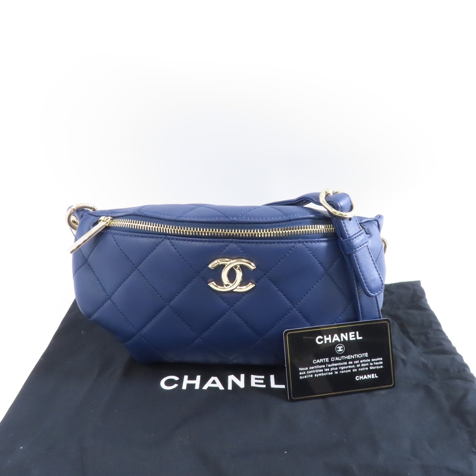 CHANEL 菱格牛皮皮革Waist Bag金扣腰包藍色