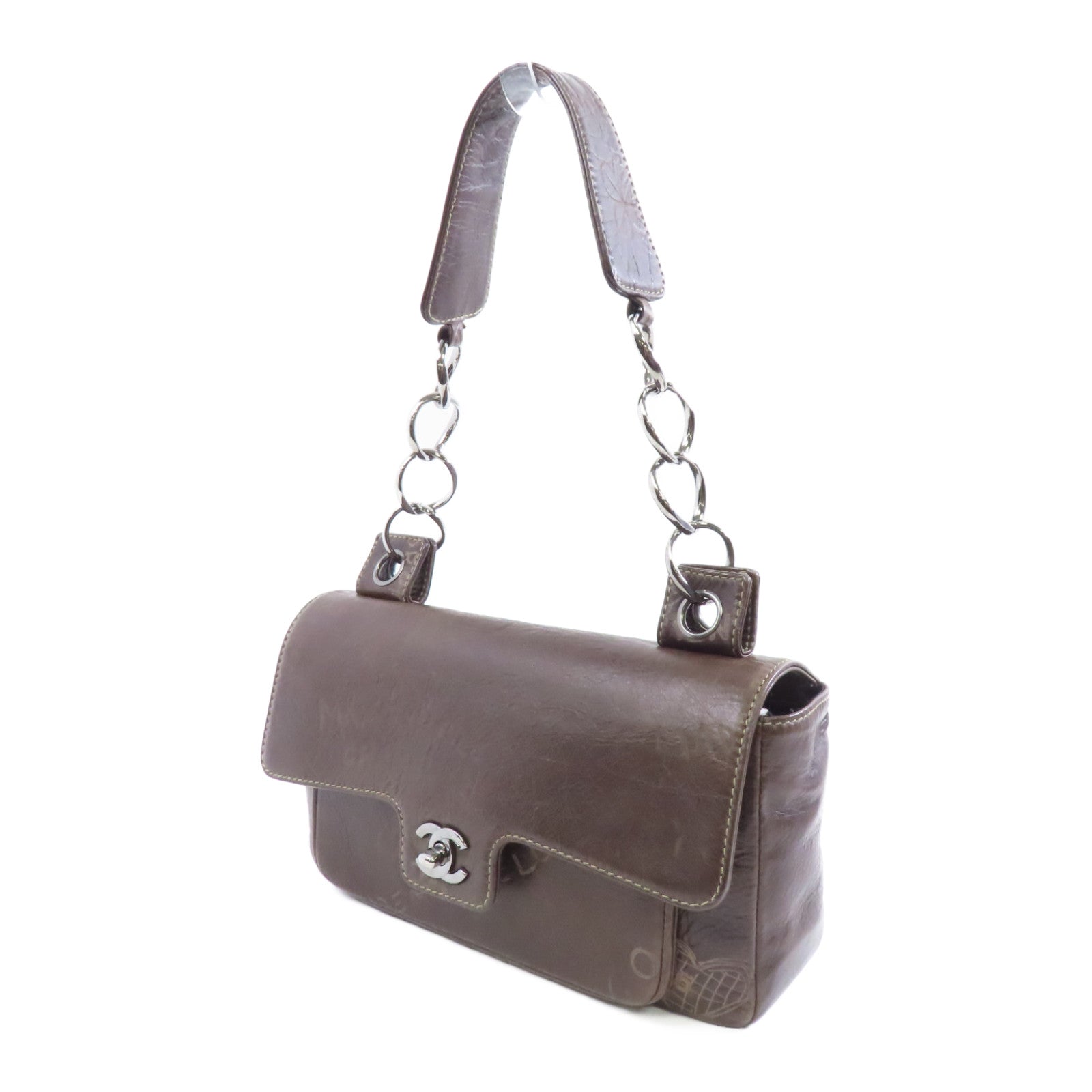 CHANEL 牛皮皮革Shoulder Bag銀扣肩背袋啡色