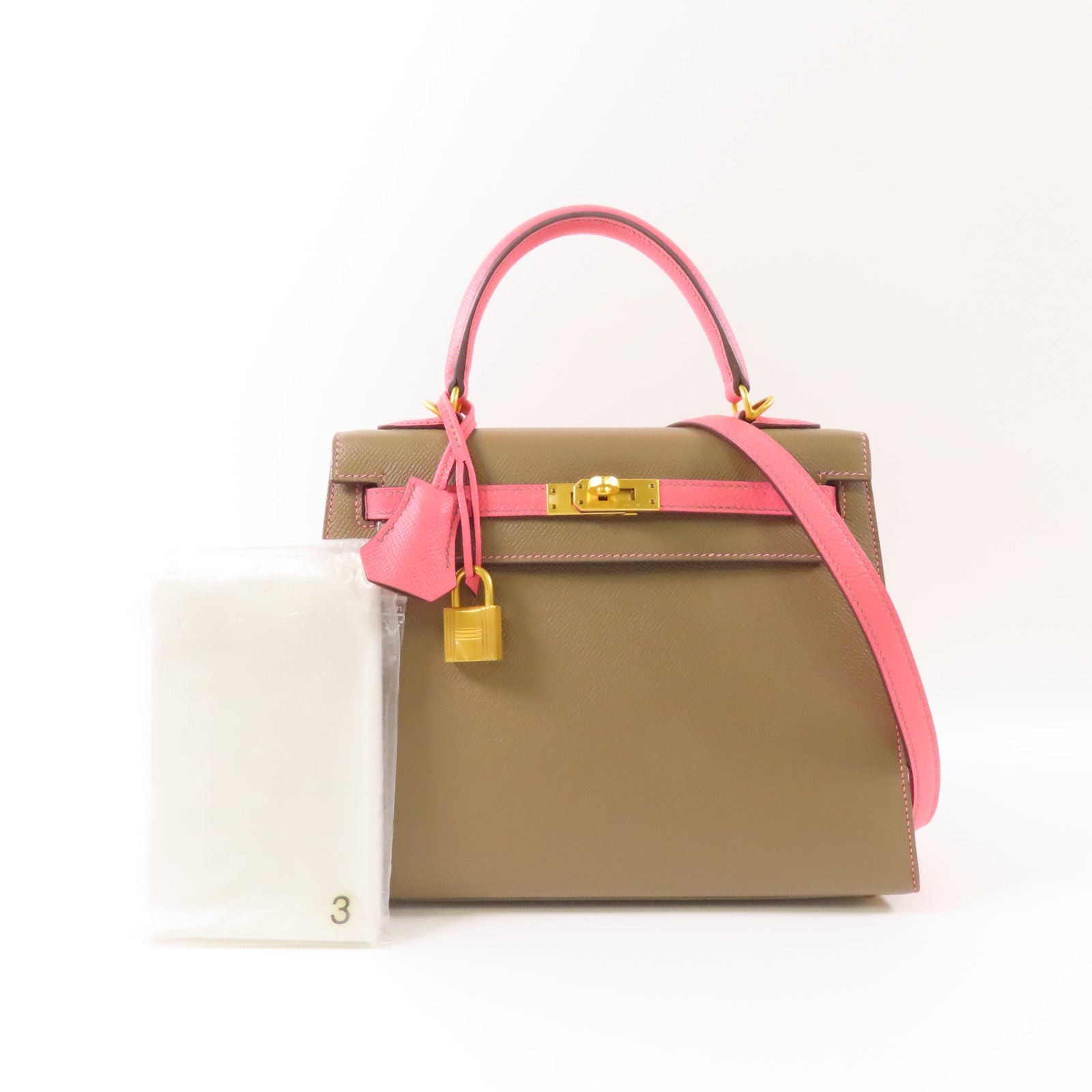 HERMES Epsom皮革Kelly 25金扣手挽肩背兩用袋Etoupe/Rose Azalee