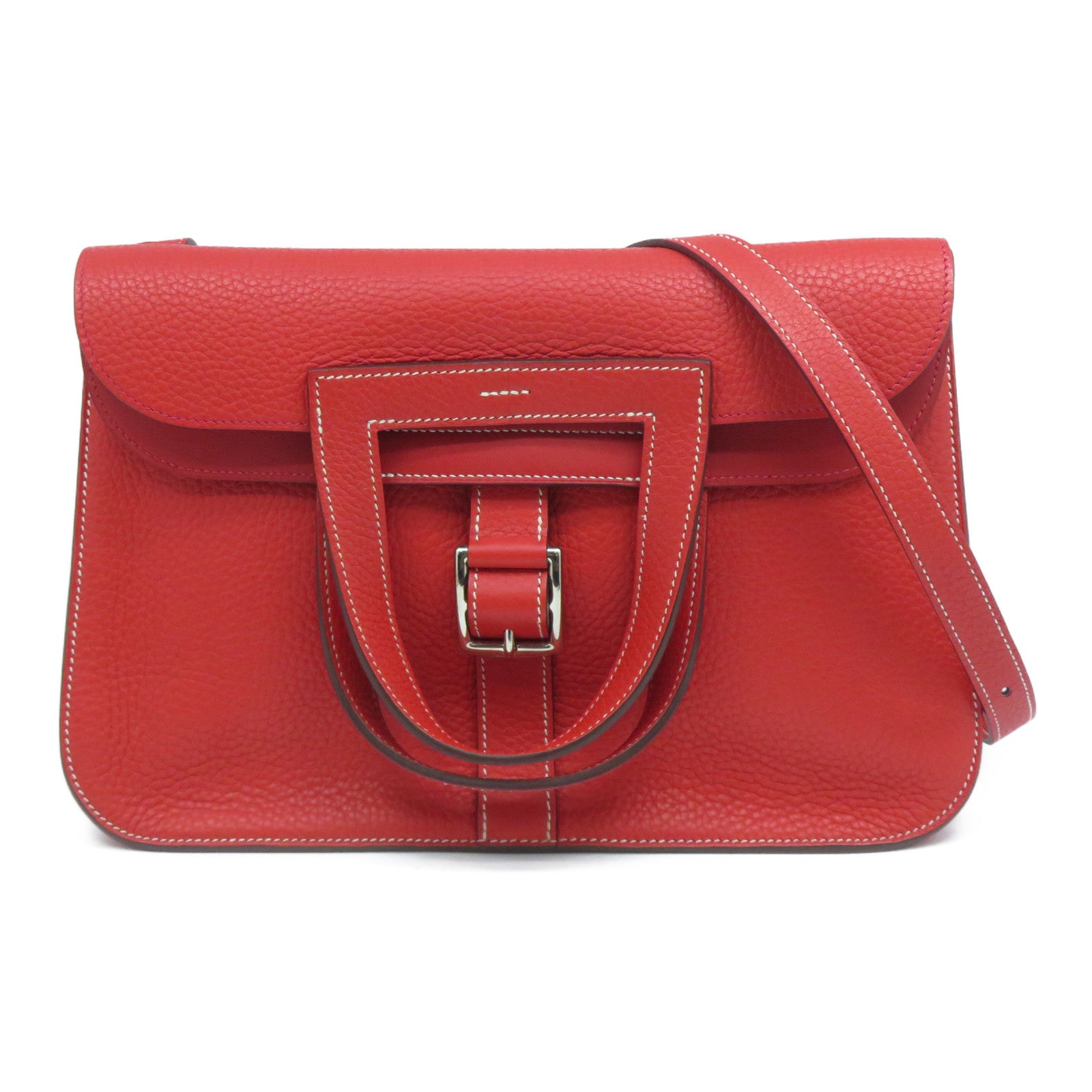 HERMES 【激減優惠】Clemence皮革Halzan 31銀扣手挽肩背兩用袋Rouge Pivoine牡丹紅色