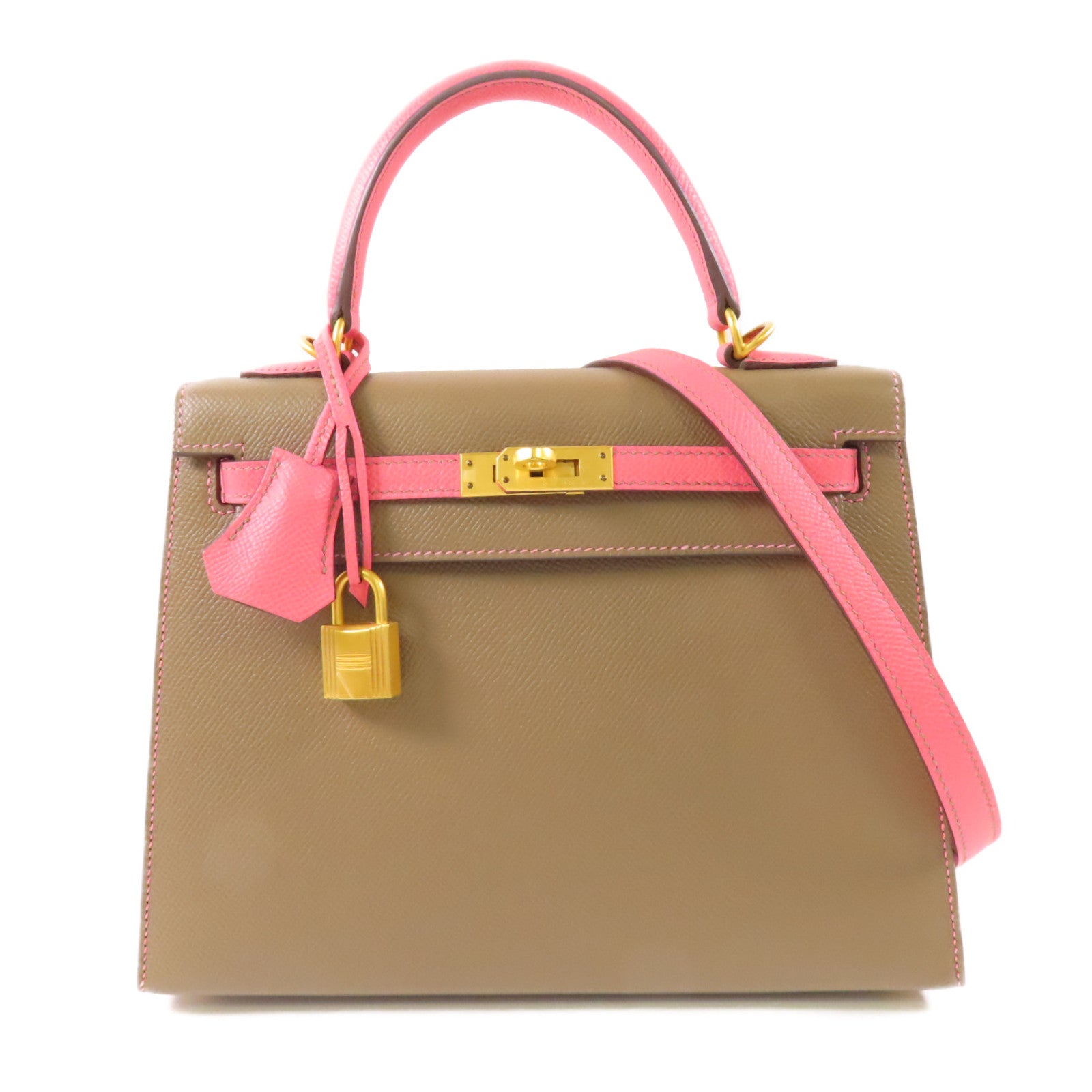 HERMES Epsom皮革Kelly 25金扣手挽肩背兩用袋Etoupe/Rose Azalee