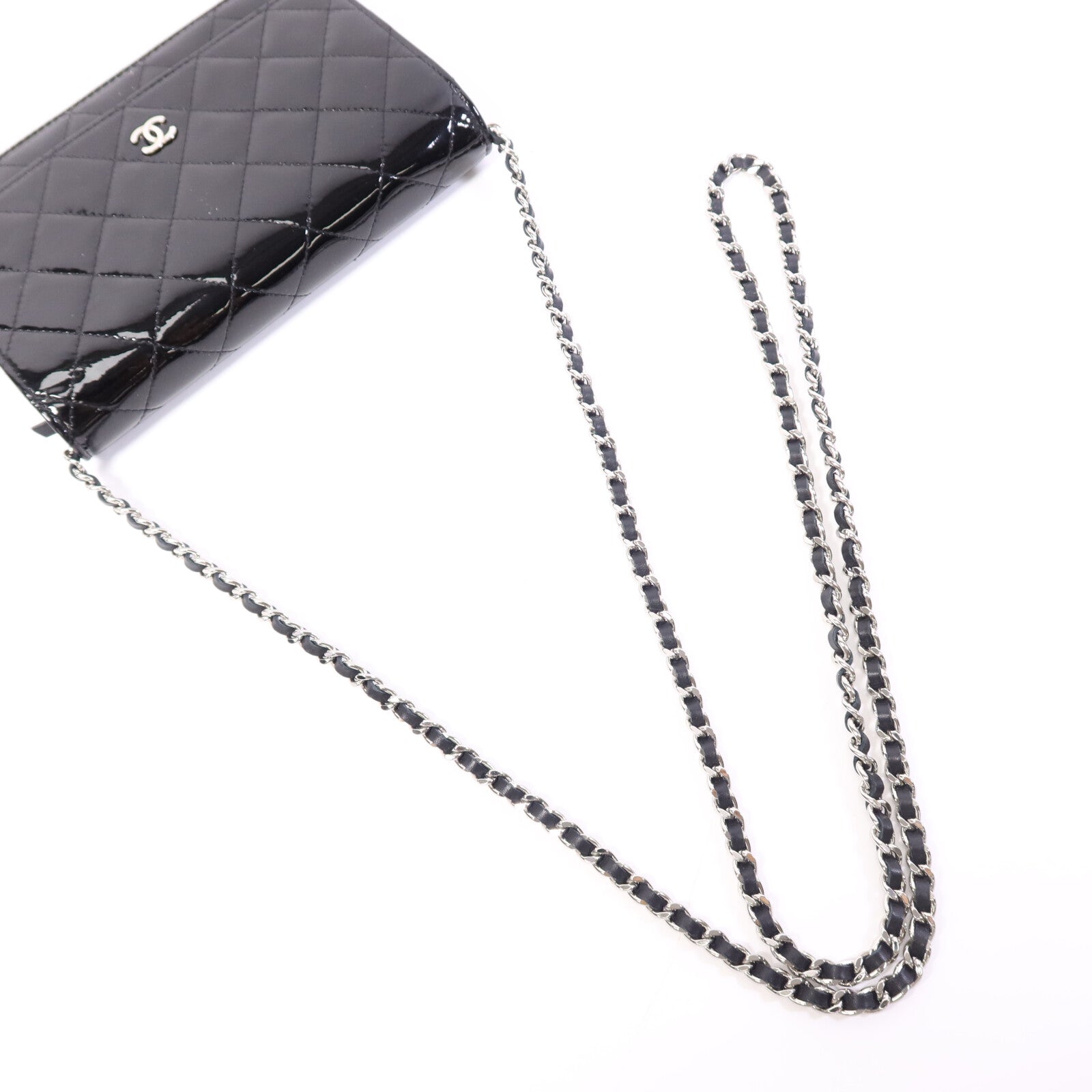 CHANEL 漆皮皮革WOC Wallet On Chain銀扣鏈帶肩背袋
