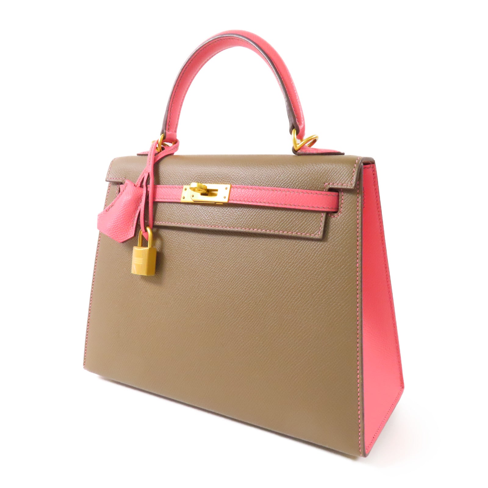 HERMES Epsom皮革Kelly 25金扣手挽肩背兩用袋Etoupe/Rose Azalee