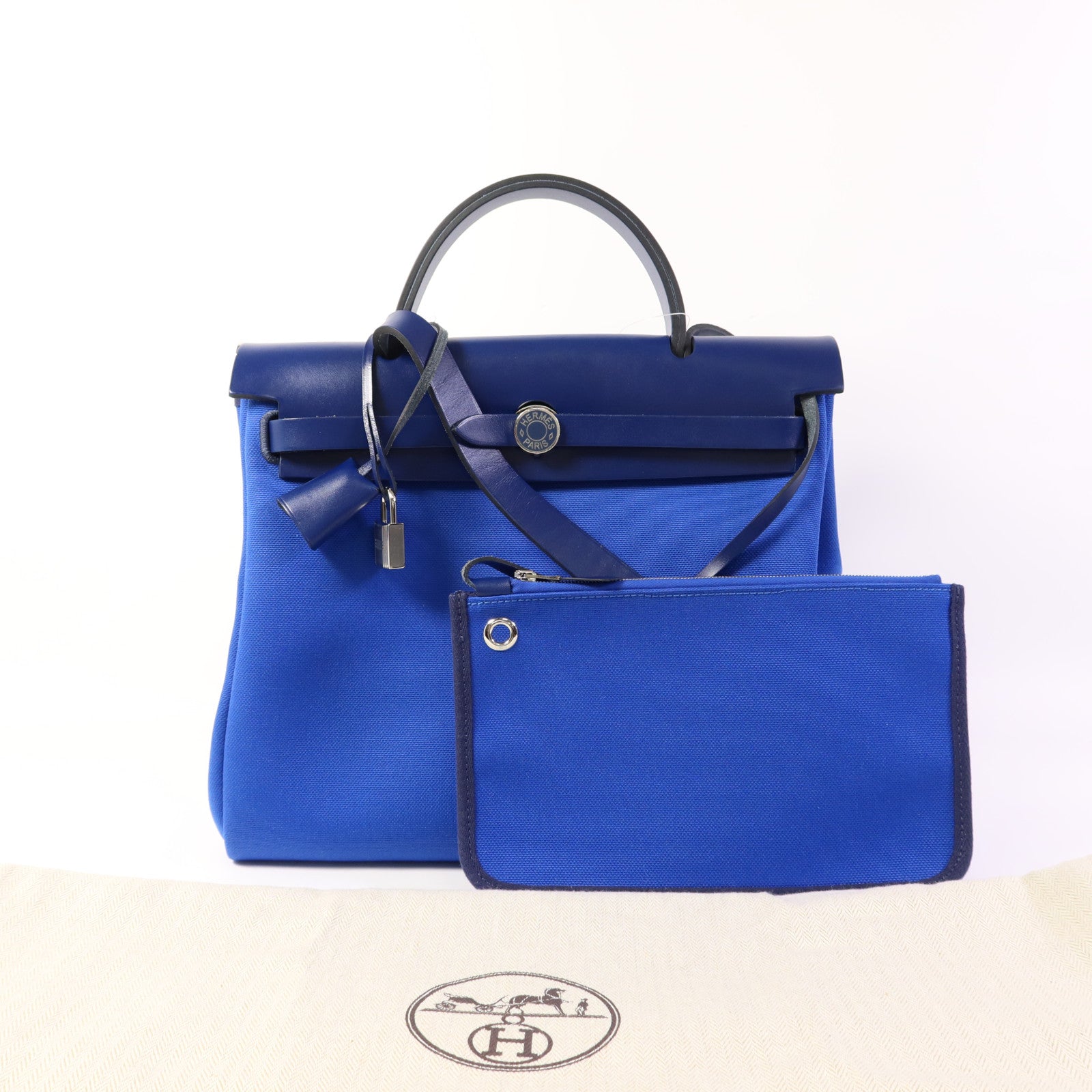 HERMES【激減優惠】 帆布Herbag PM銀扣手挽肩背兩用袋Bleu Billard