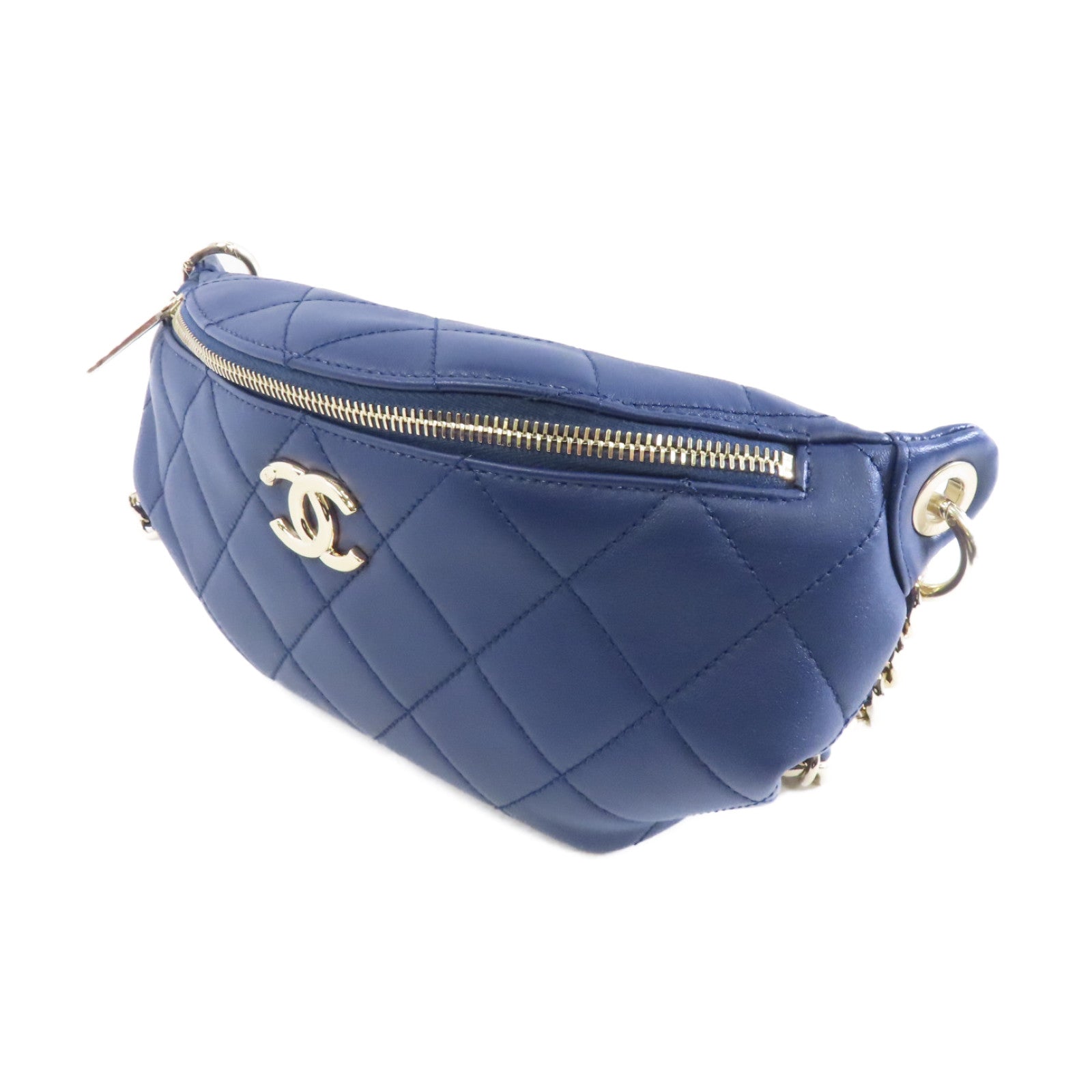 CHANEL 菱格牛皮皮革Waist Bag金扣腰包藍色