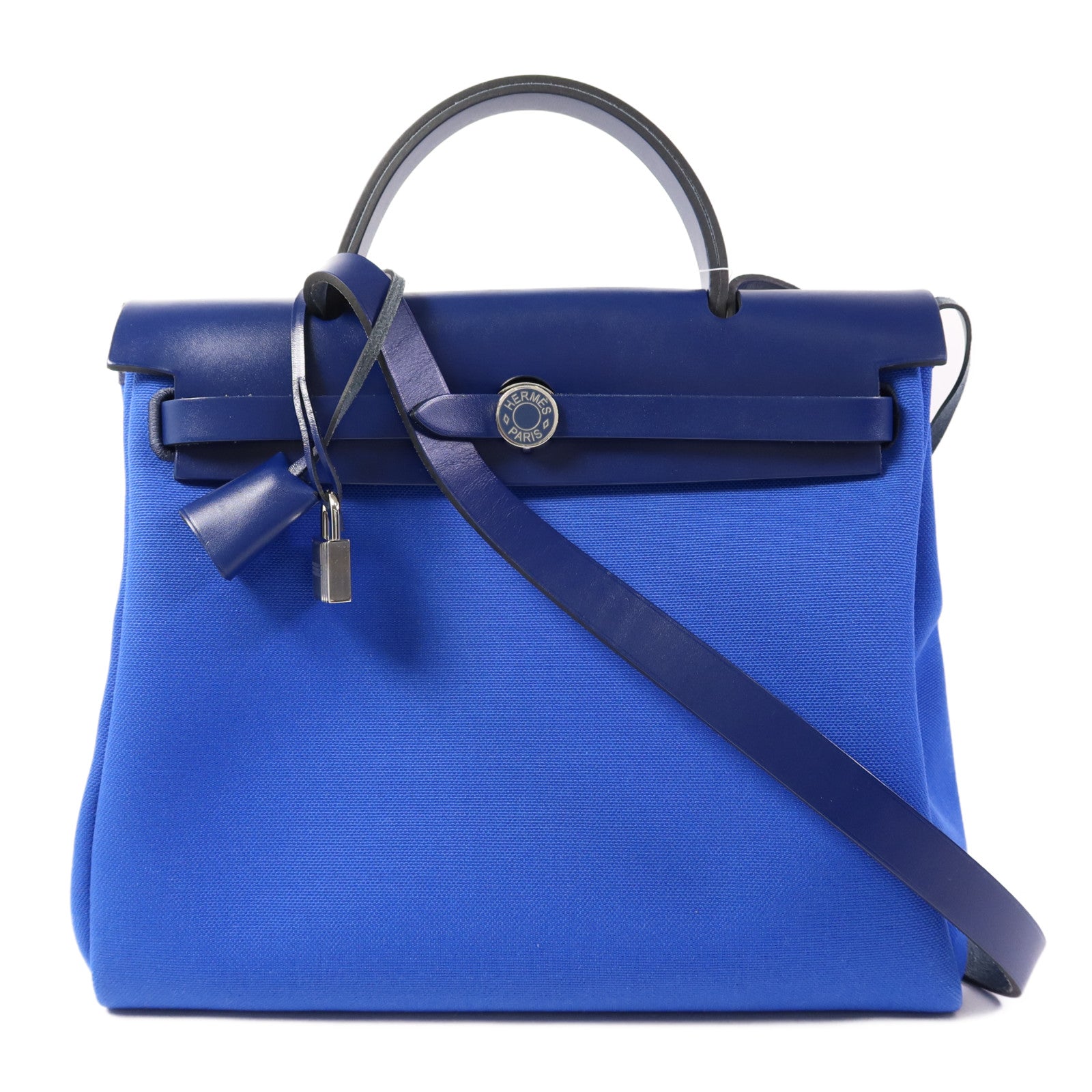 HERMES【激減優惠】 帆布Herbag PM銀扣手挽肩背兩用袋Bleu Billard