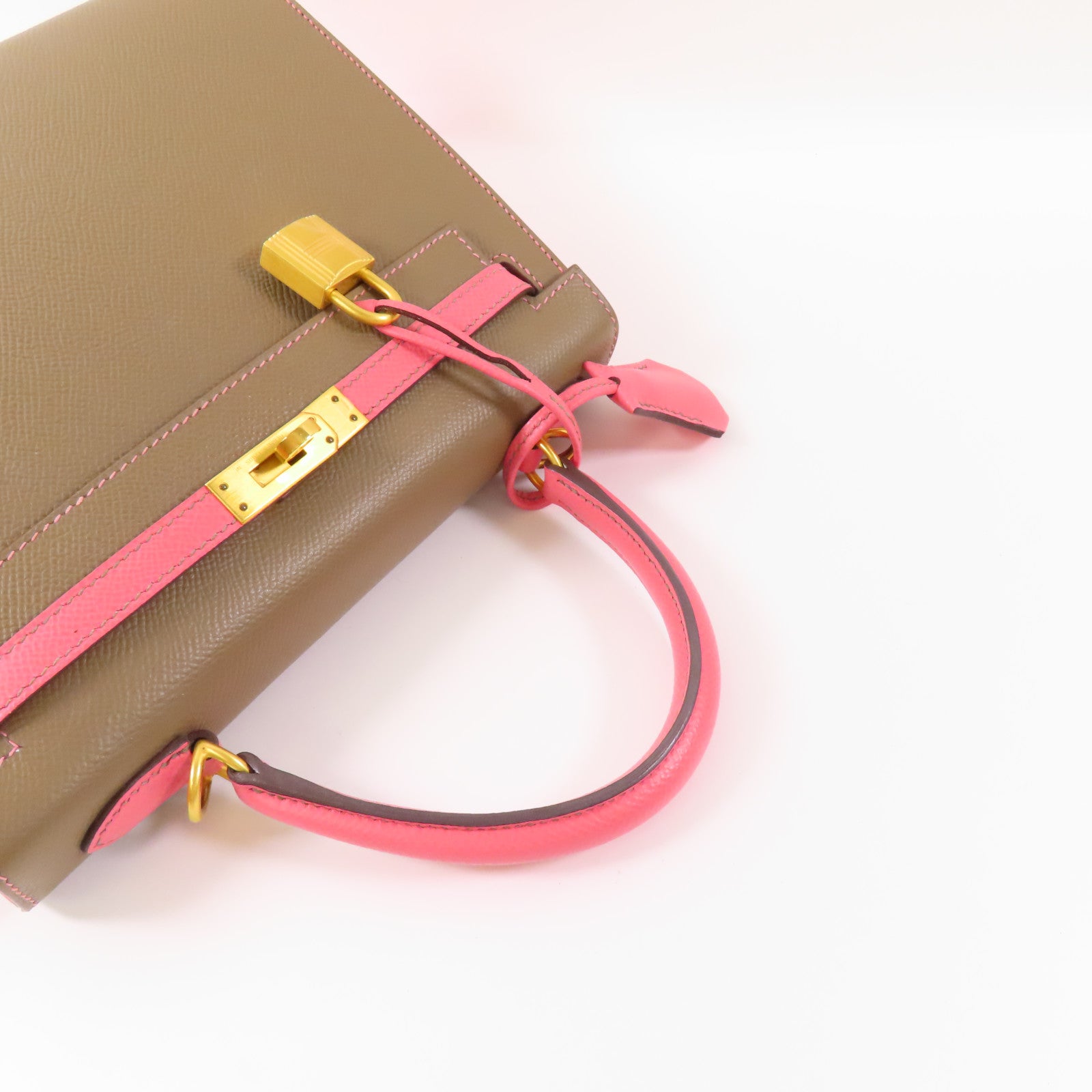HERMES Epsom皮革Kelly 25金扣手挽肩背兩用袋Etoupe/Rose Azalee