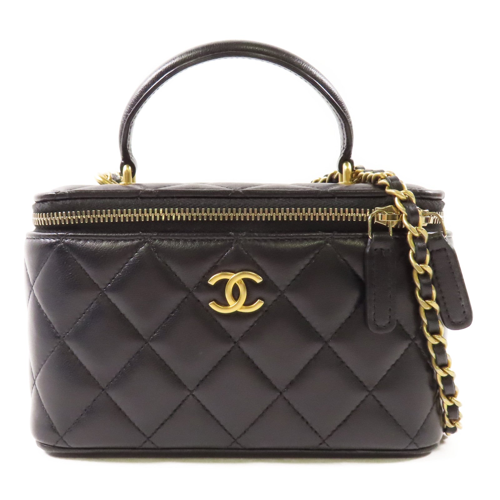 CHANEL 羊皮皮革Vanity Case金扣鏈帶手挽肩背兩用袋