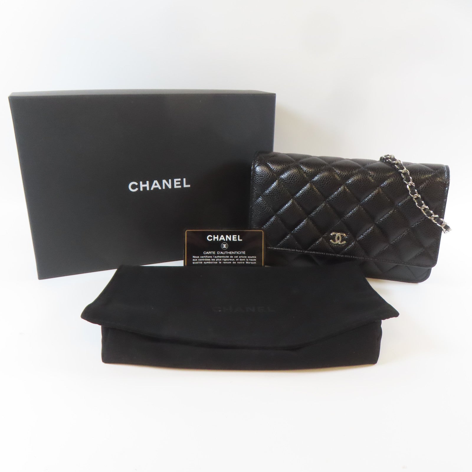 CHANEL 菱格Caviar皮革Wallet On Chain銀扣鏈帶肩背袋黑色
