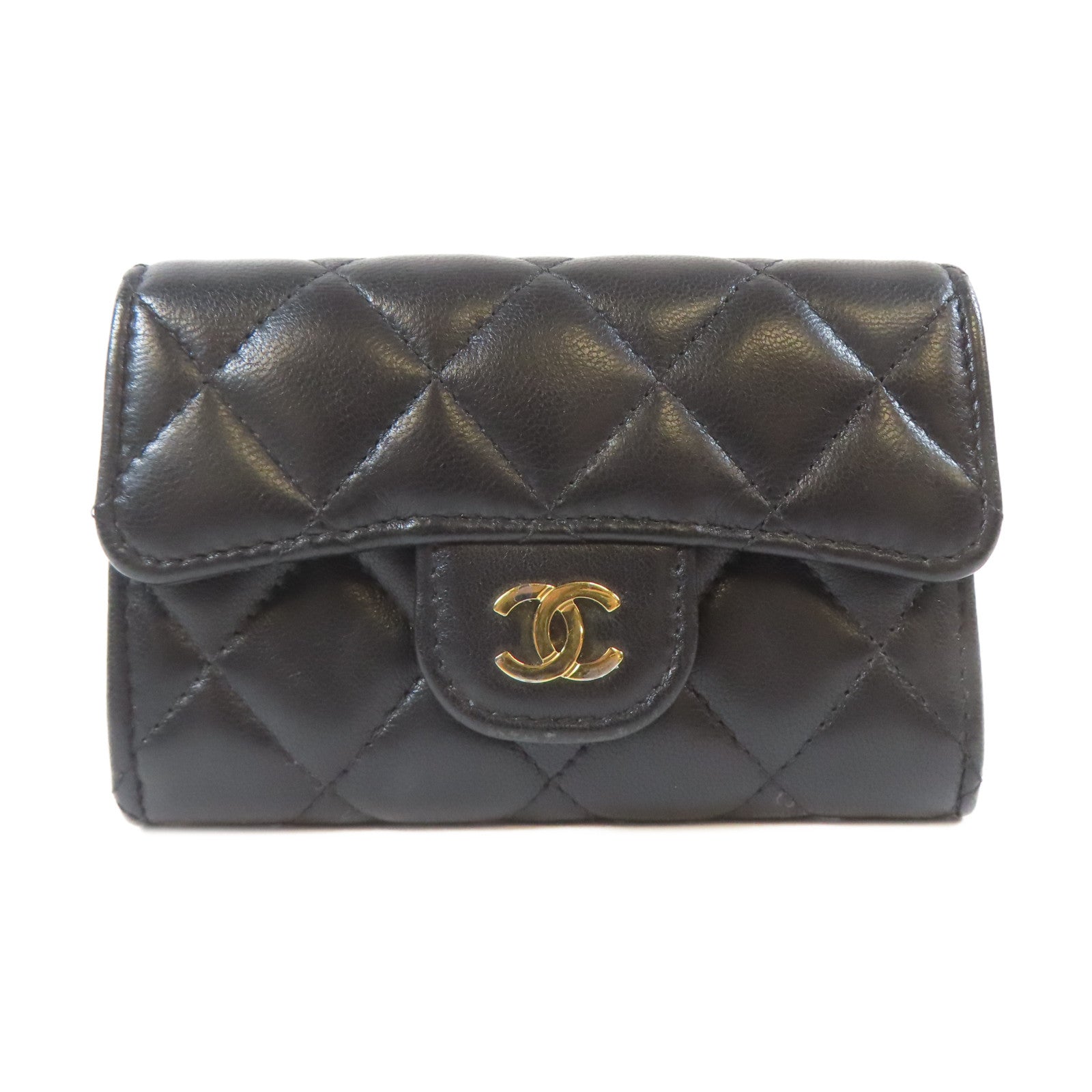 CHANEL 菱格羊皮皮革Flap Wallet金扣卡片套黑色