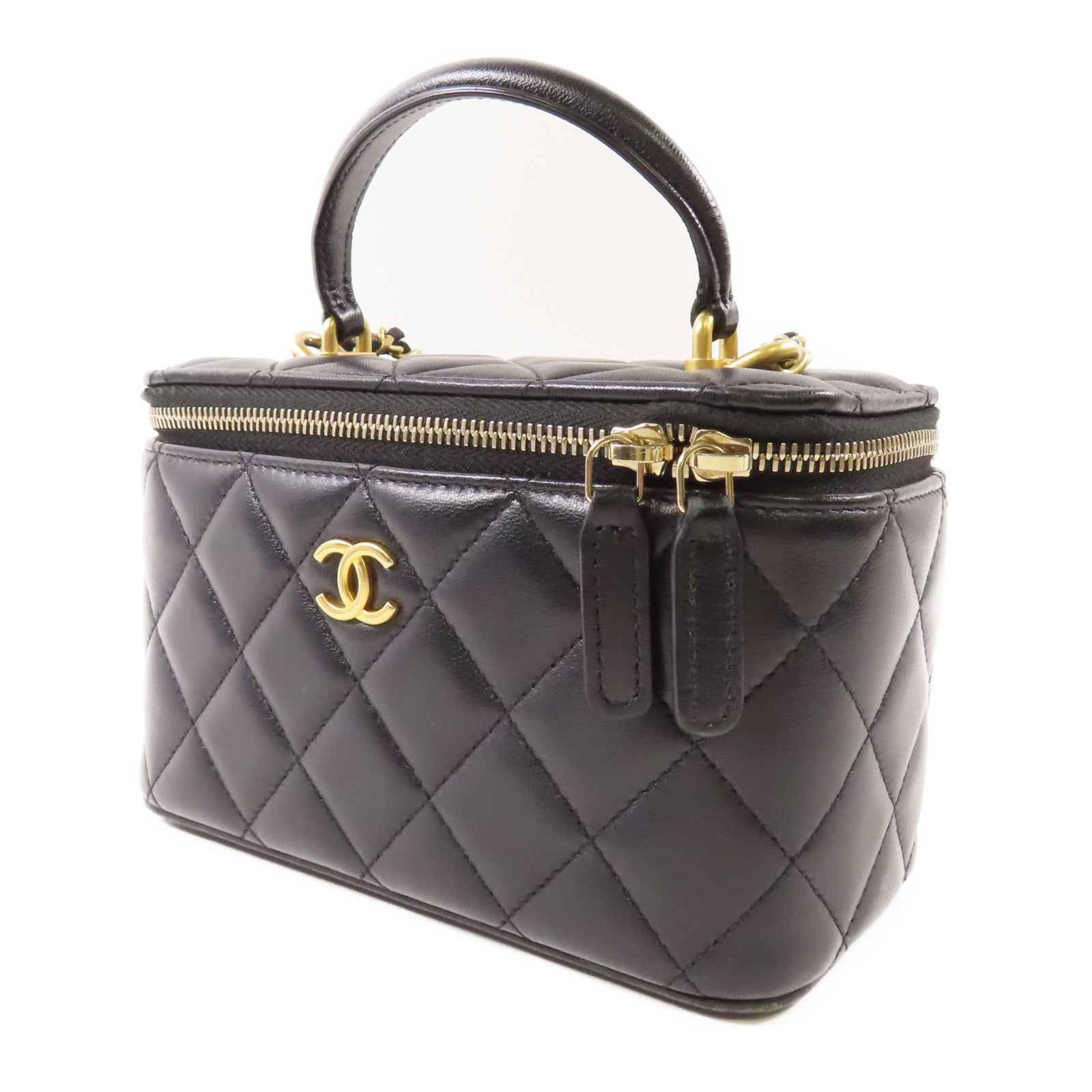 CHANEL 羊皮皮革Vanity Case金扣鏈帶手挽肩背兩用袋