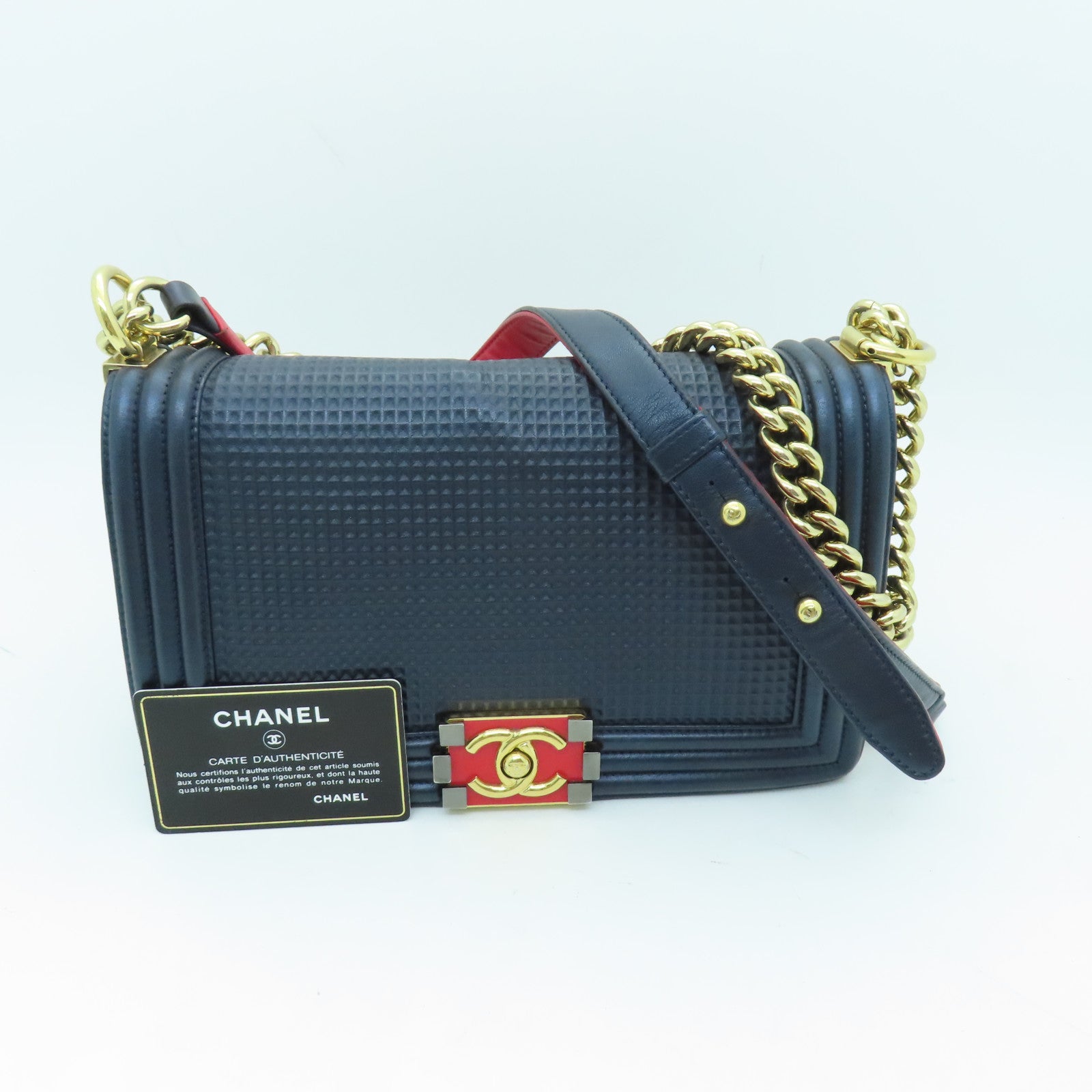 CHANEL 【激減優惠】牛皮皮革Boy Chanel金扣鏈帶肩背袋深藍色