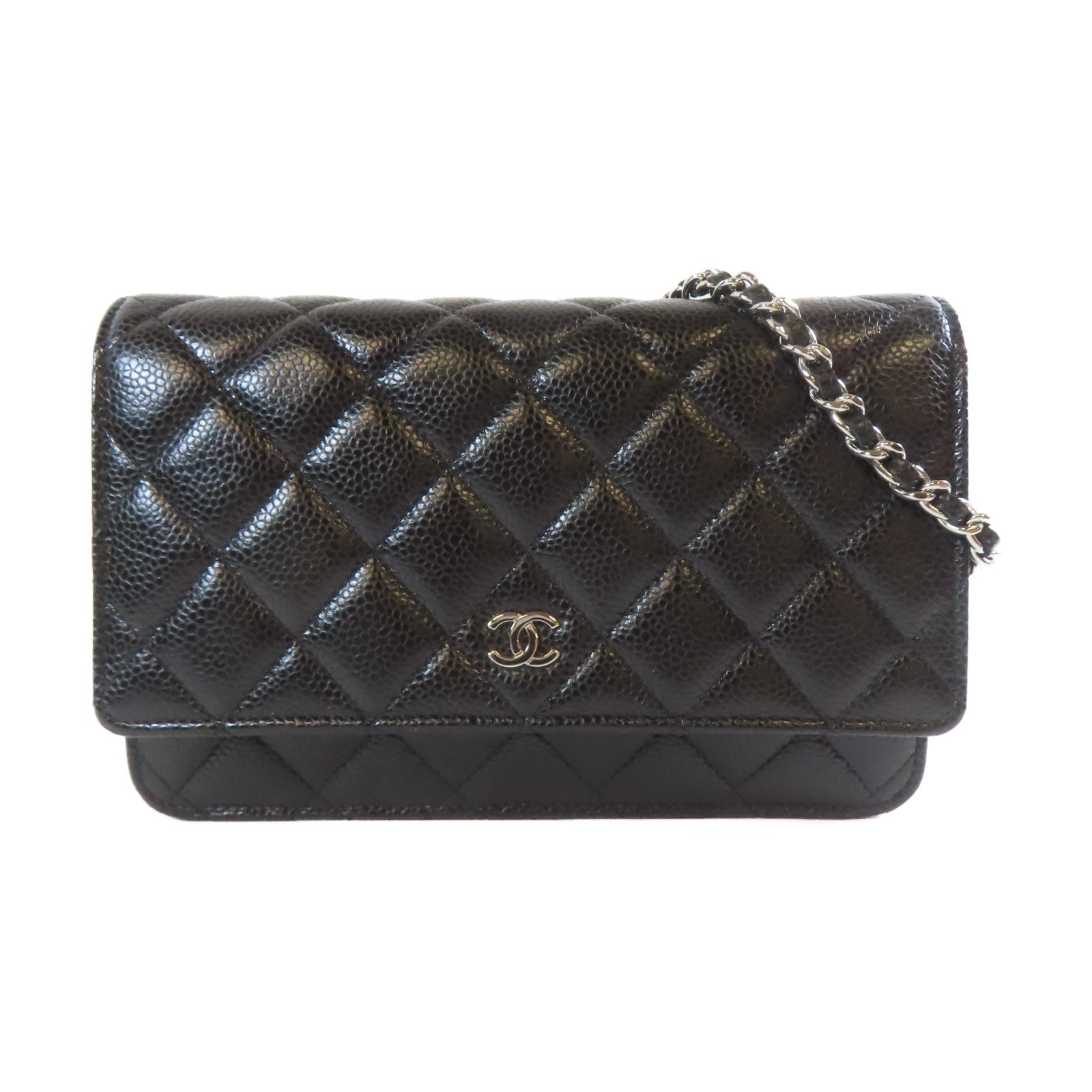 CHANEL 菱格Caviar皮革Wallet On Chain銀扣鏈帶肩背袋黑色