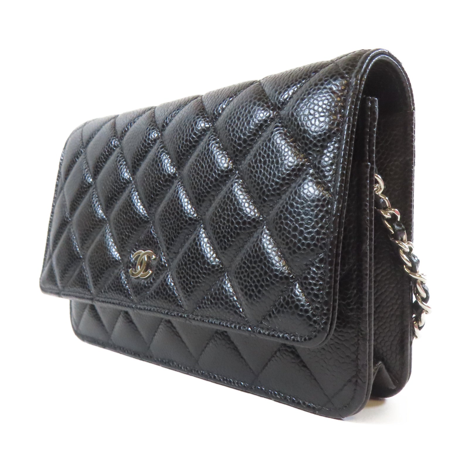 CHANEL 菱格Caviar皮革Wallet On Chain銀扣鏈帶肩背袋黑色