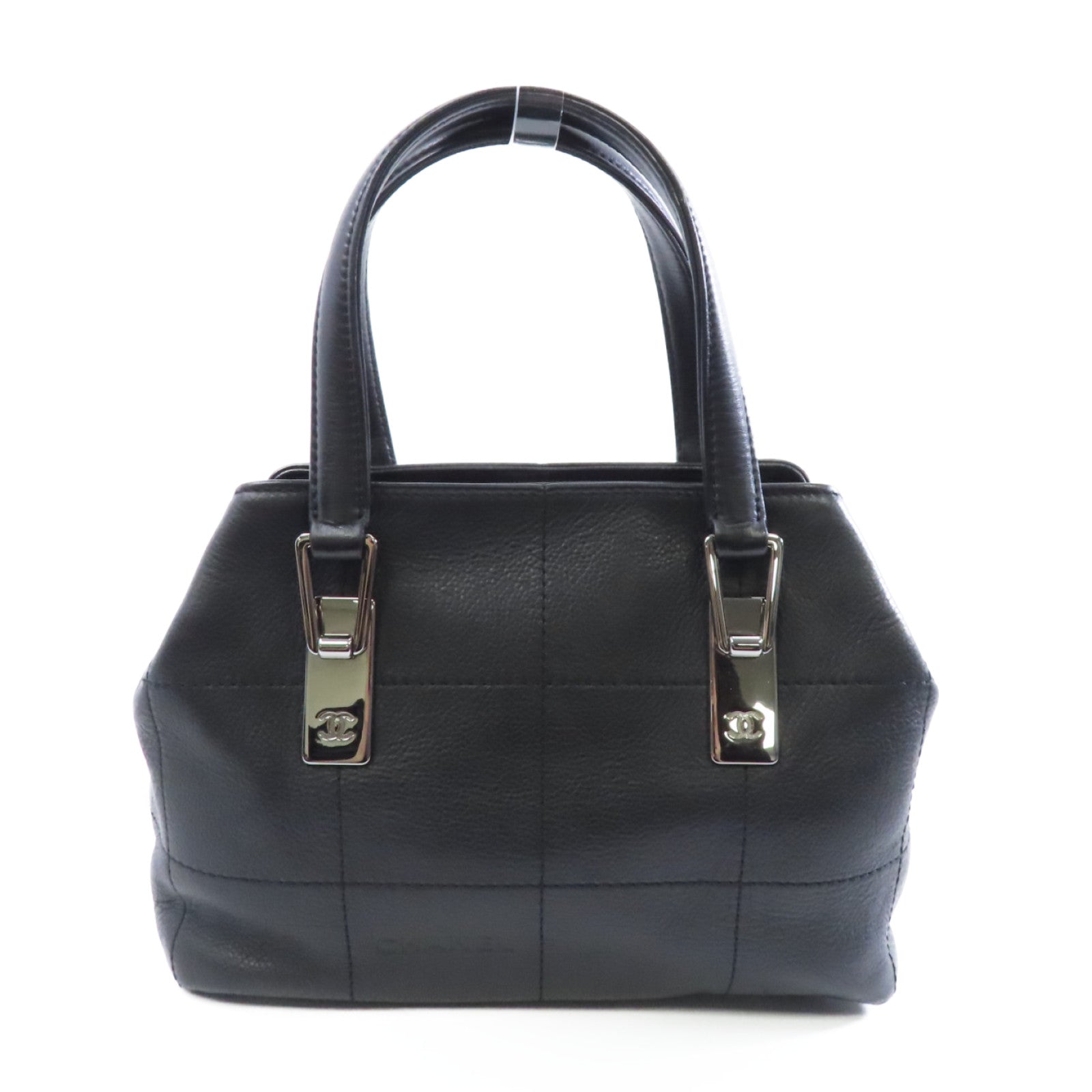 CHANEL 牛皮皮革Handbag銀扣手挽袋黑色