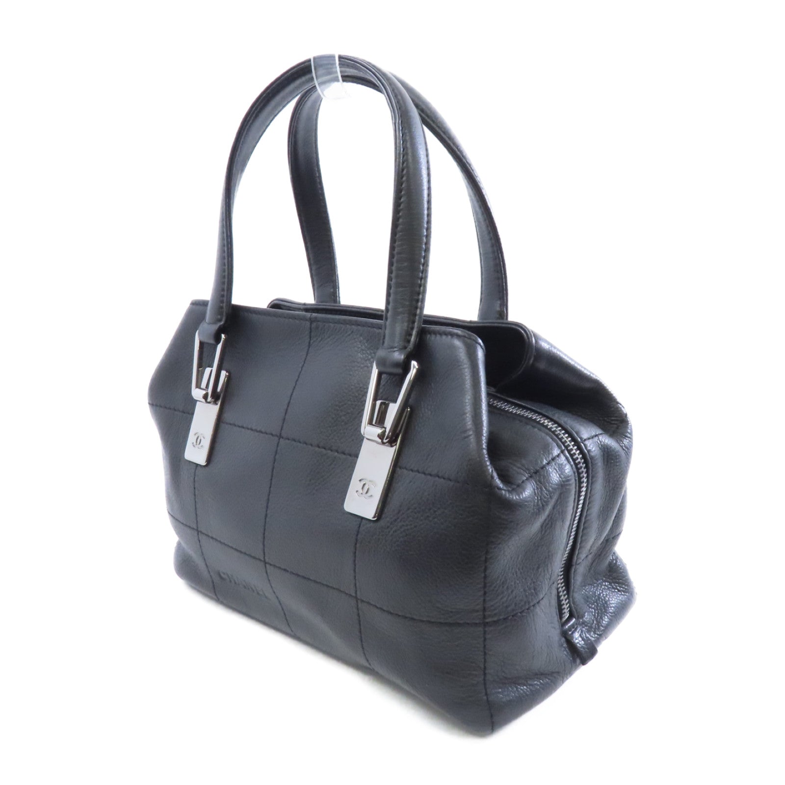 CHANEL 牛皮皮革Handbag銀扣手挽袋黑色