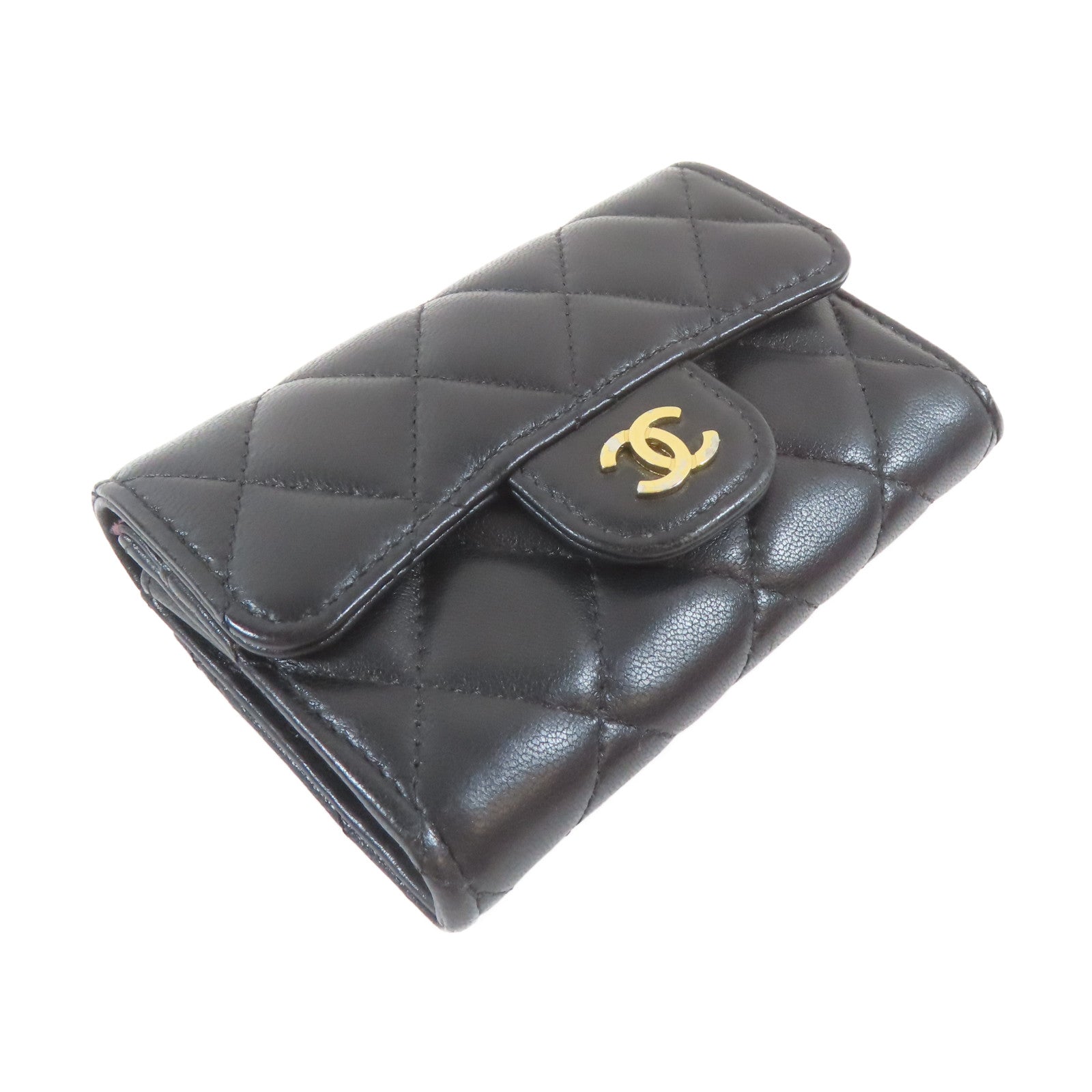 CHANEL 菱格羊皮皮革Flap Wallet金扣卡片套黑色