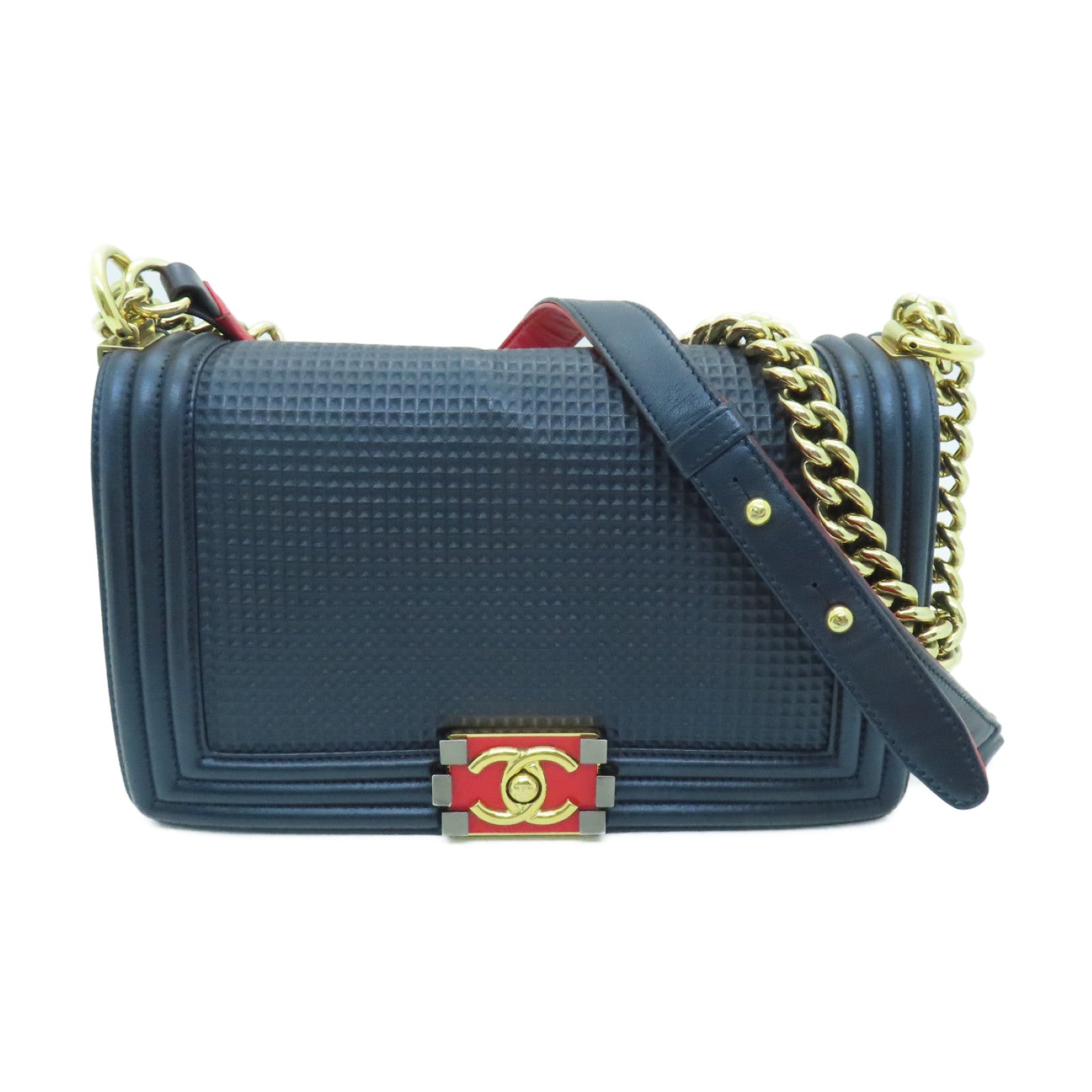 CHANEL 【激減優惠】牛皮皮革Boy Chanel金扣鏈帶肩背袋深藍色