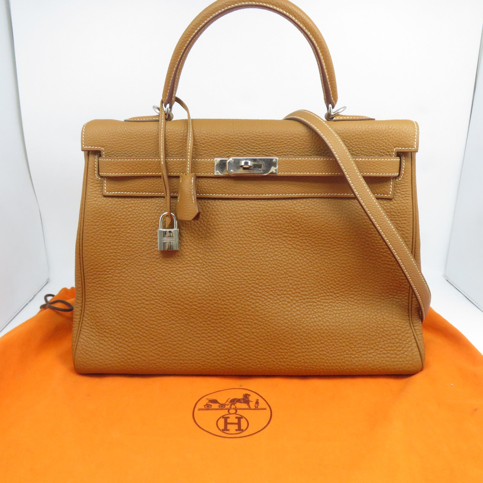 HERMES 【激減優惠】Togo皮革Kelly 35銀扣手挽肩背兩用袋Gold經典駝色