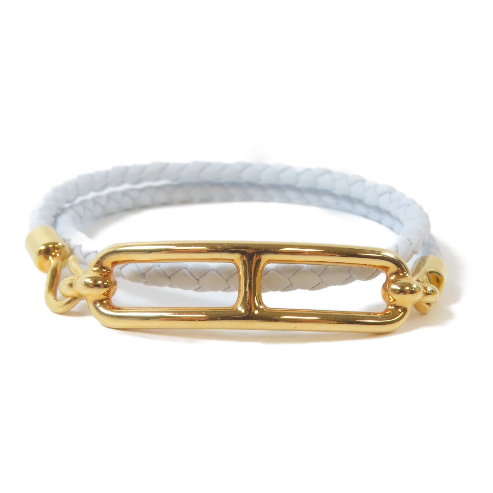 HERMES 皮革/金屬Roulis Double Tour Bracelet手鐲淺藍色/金色