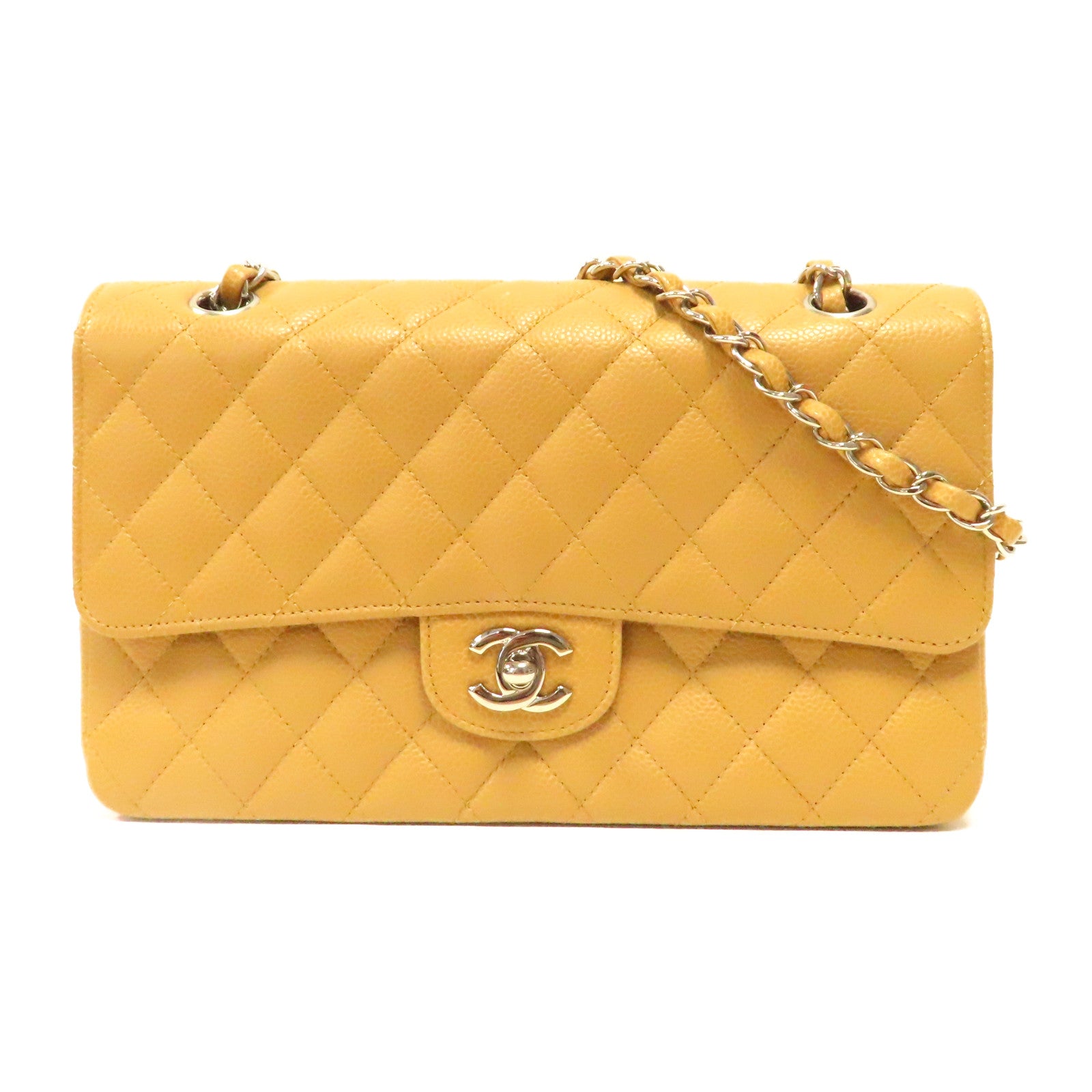 CHANEL 【激減優惠】Caviar皮革Classic 25cm銀扣鏈帶肩背袋米色