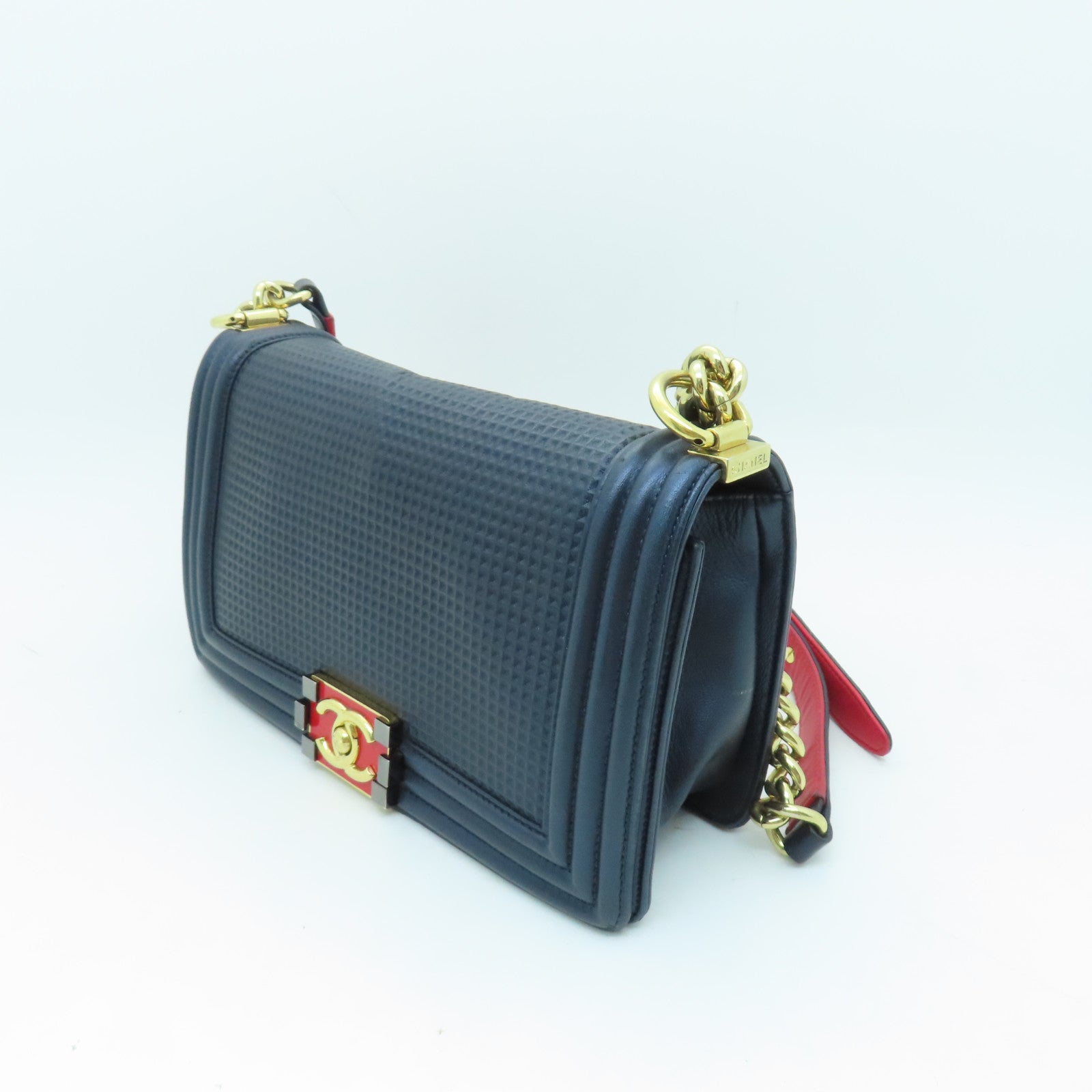 CHANEL 【激減優惠】牛皮皮革Boy Chanel金扣鏈帶肩背袋深藍色